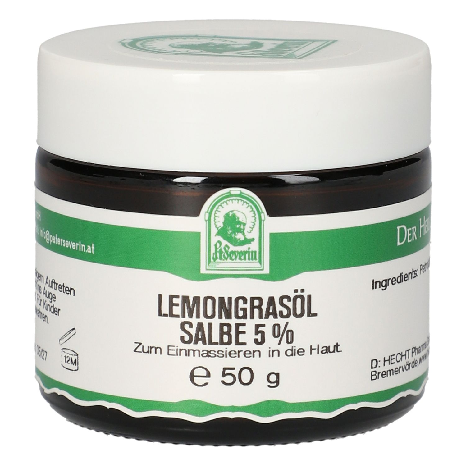 Braunes Glas mit weißem Deckel. Aufschrift: Lemongrasöl Salbe 5%.