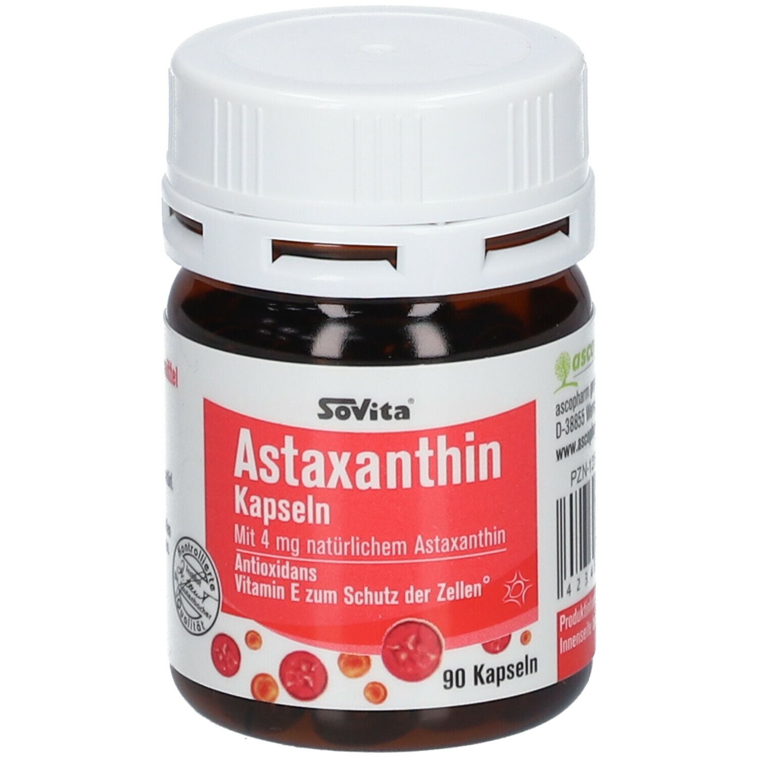 Braune Glasflasche mit weißem Deckel. Rotes Etikett mit Text: Astaxanthin Kapseln. 90 Kapseln. SoVita Logo.