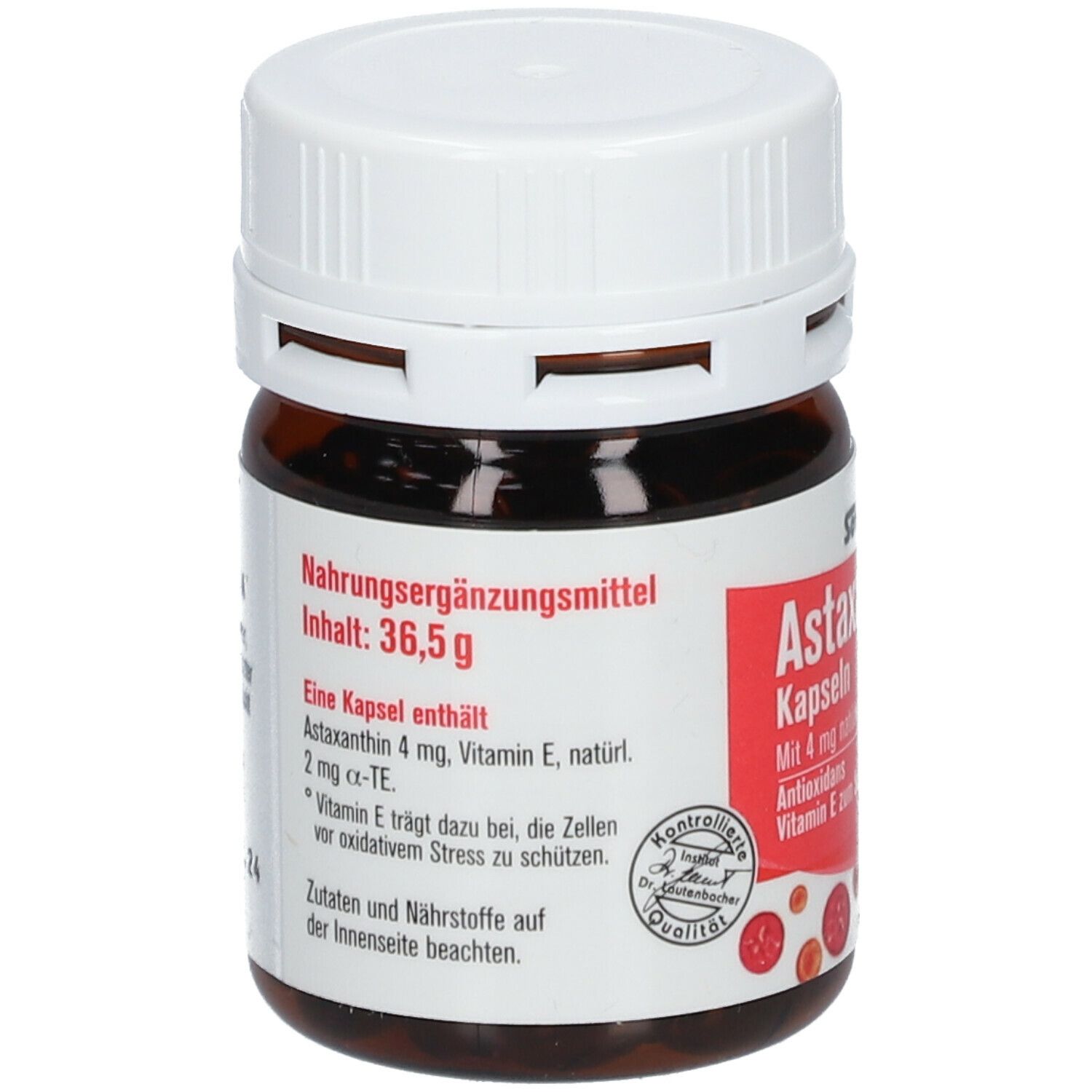 Braune Glasflasche mit weißem Deckel. Rotes Etikett mit Text. Enthält: 36,5 g. Eine Kapsel enthält: Astaxanthin 4 mg, Vitamin E. SoVita.