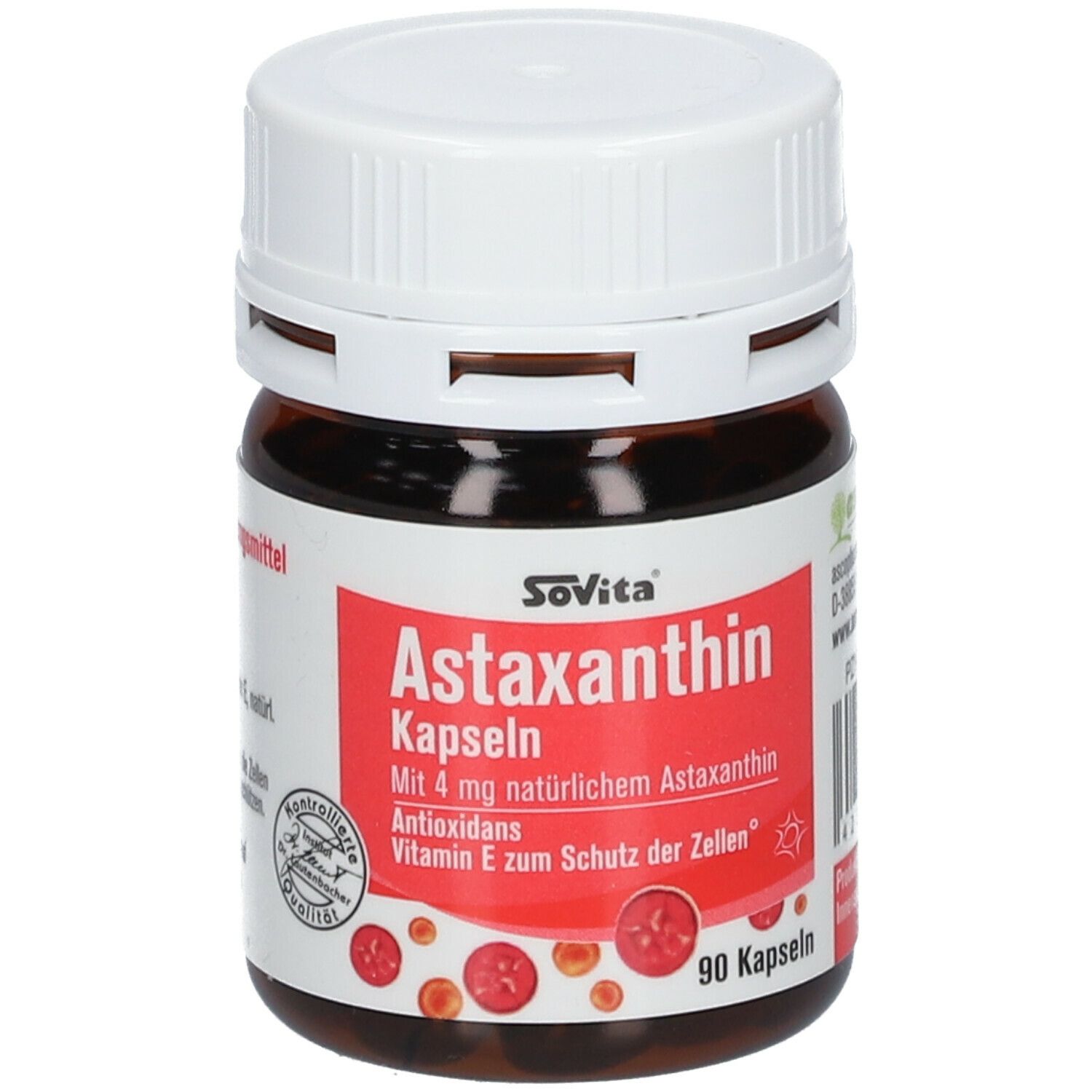 Braune Glasflasche mit weißem Deckel. Rotes Etikett mit Text: Astaxanthin Kapseln. 90 Kapseln. SoVita Logo.