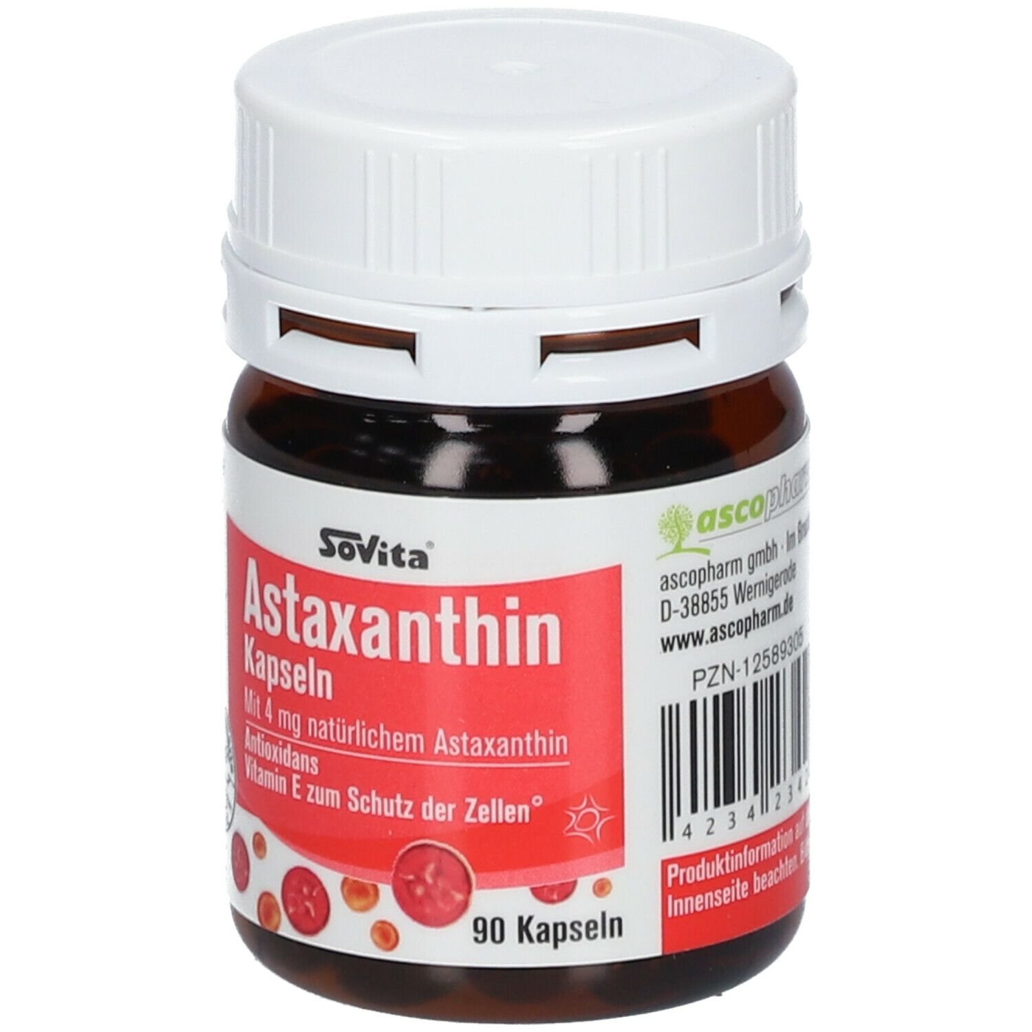 Braune Glasflasche mit weißem Deckel. Rotes Etikett mit Text: Astaxanthin Kapseln. 90 Kapseln. SoVita Logo. Barcode.