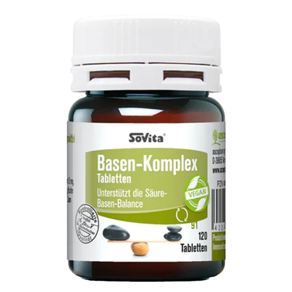 Braune Tablettenflasche mit weißem Deckel. Aufschrift: SoVita Basen-Komplex Tabletten. Vegan-Siegel. 120 Tabletten.