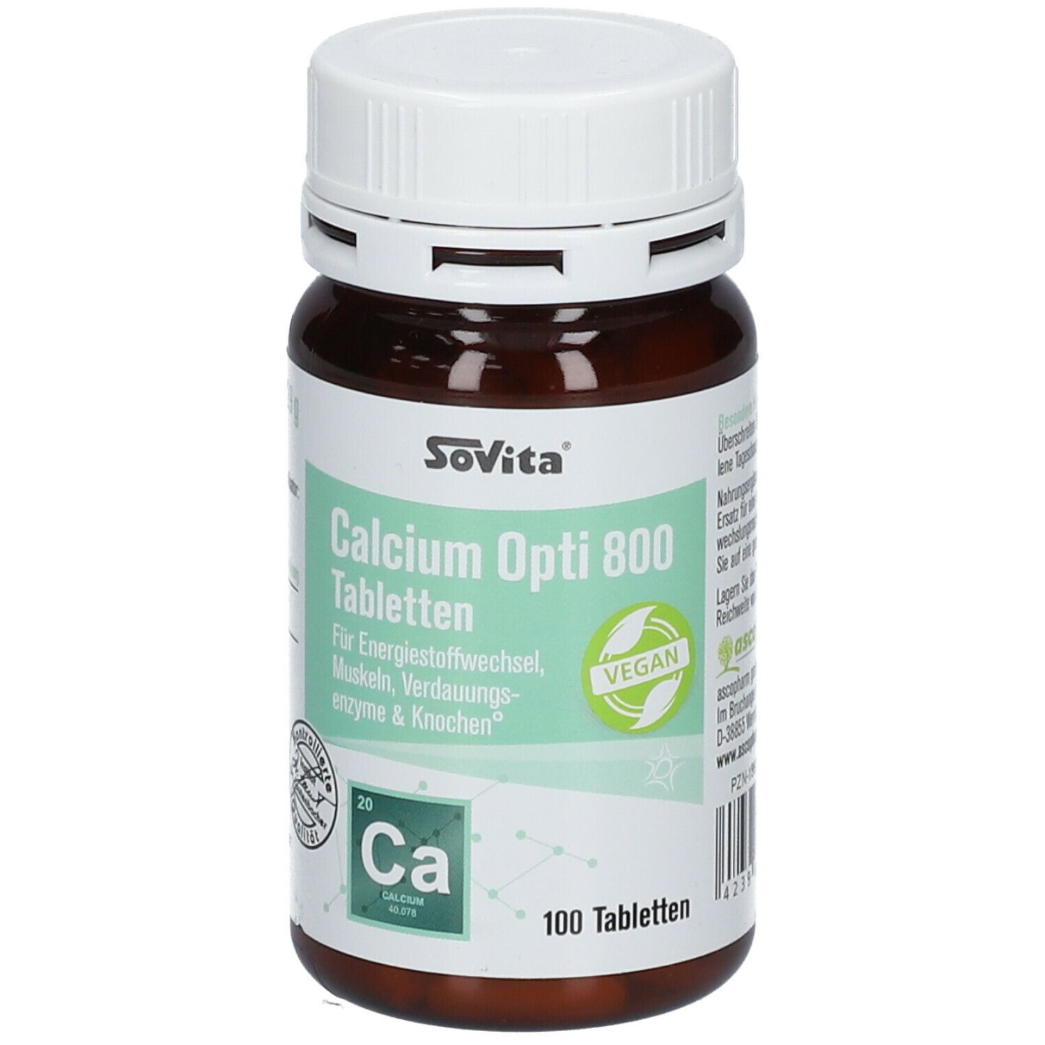 Braune Tablettenflasche mit weißem Deckel. Aufschrift: SoVita Calcium Opti 800 Tabletten. Vegan-Siegel. 100 Tabletten.