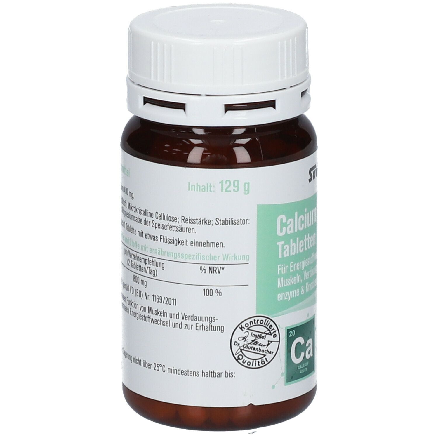 Braune Tablettenflasche mit weißem Deckel. Rückseite mit Inhaltsangaben und Kontrollsiegel. Inhalt: 129 g.