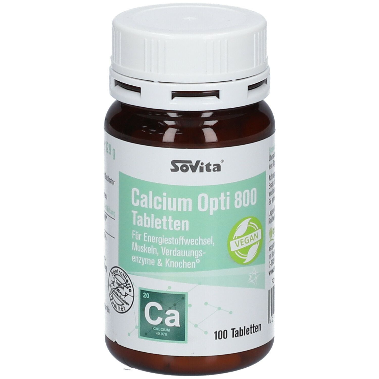 Braune Tablettenflasche mit weißem Deckel. Aufschrift: SoVita Calcium Opti 800 Tabletten. Vegan-Siegel. 100 Tabletten.