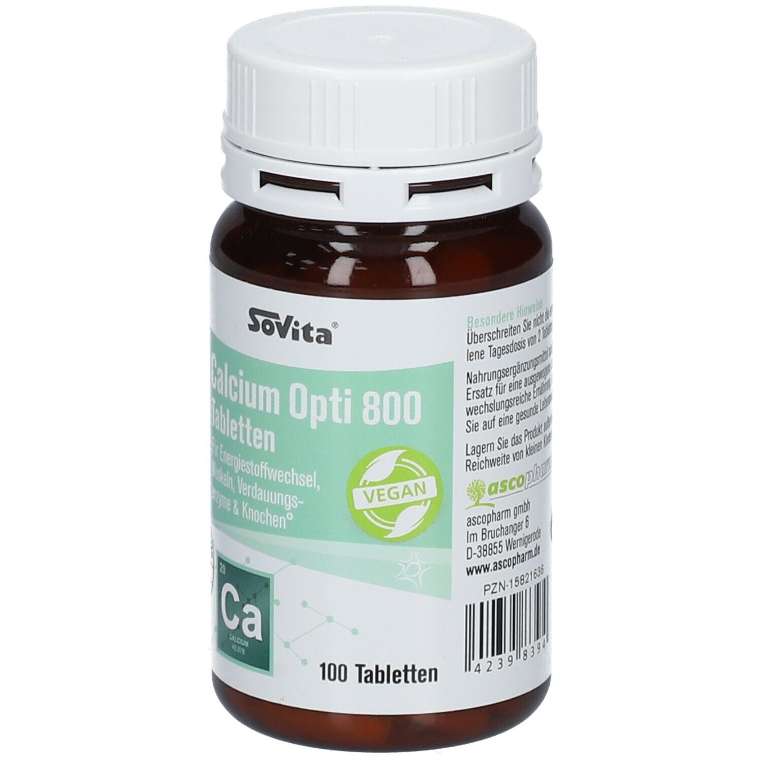 Braune Tablettenflasche mit weißem Deckel. Aufschrift: SoVita Calcium Opti 800 Tabletten. Vegan-Siegel. 100 Tabletten. PZN-15821636.