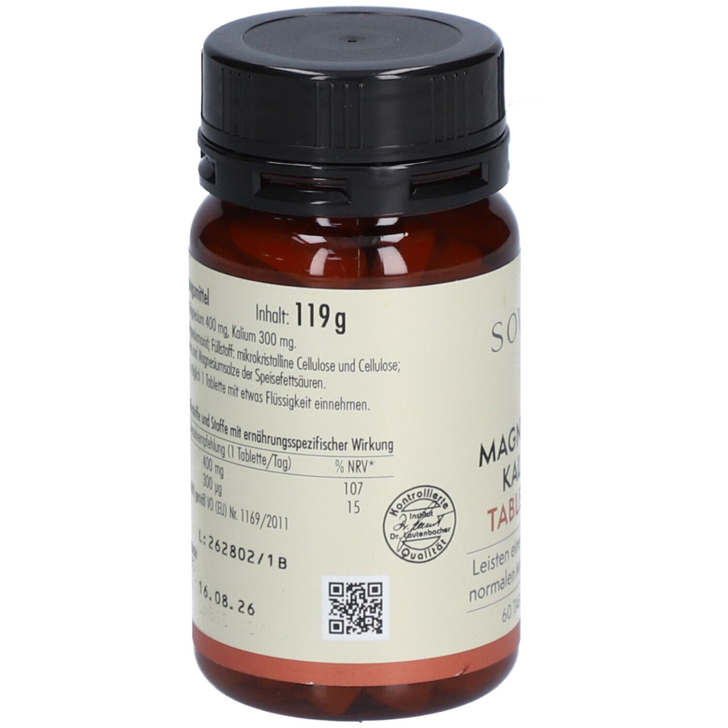Rückseite der Tablettenflasche. Etikett mit Inhaltsangaben, QR-Code und Qualitätszeichen. Braune Flasche mit schwarzem Deckel.