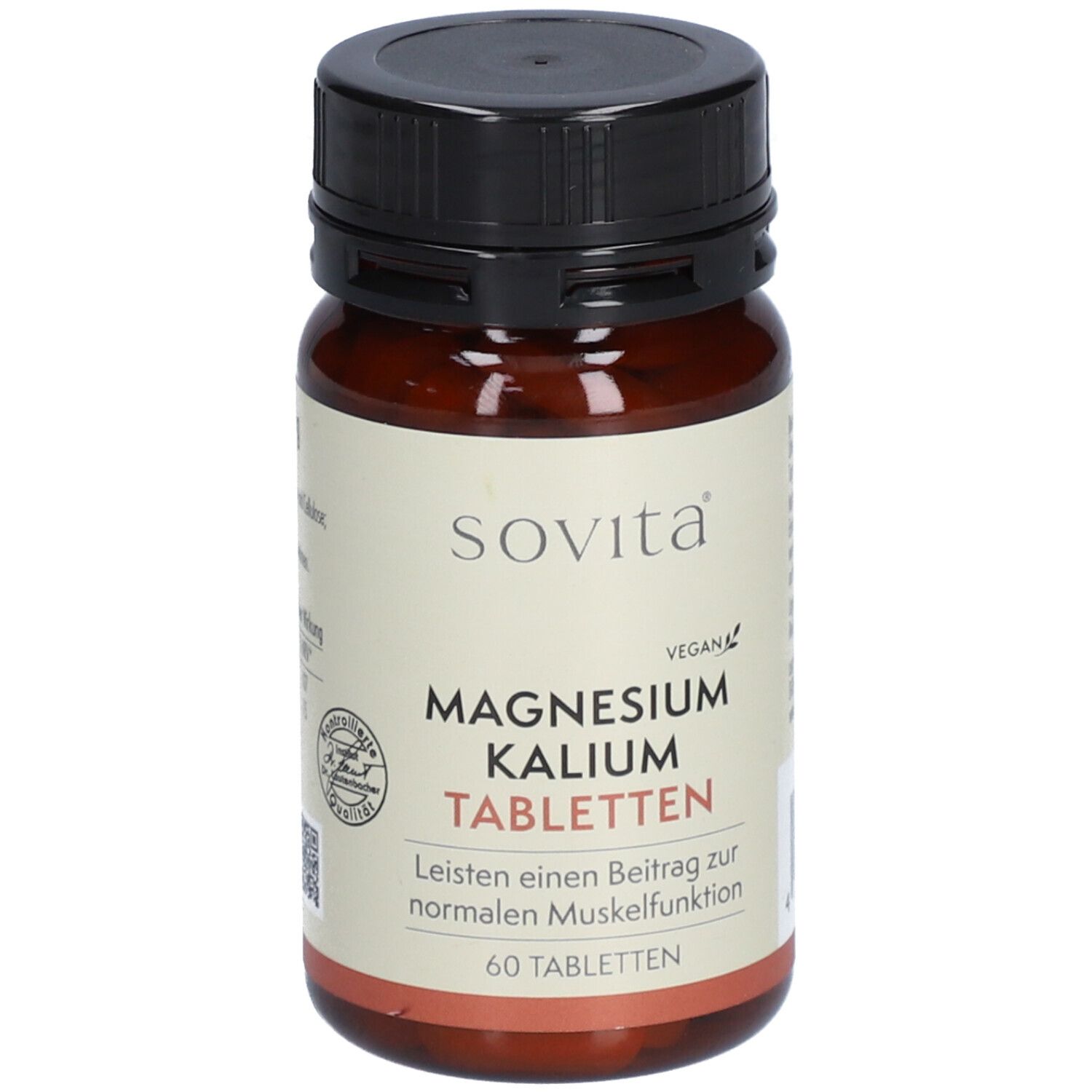 Braune Tablettenflasche mit schwarzem Deckel. Etikett mit "SoVita", "Magnesium Kalium Tabletten", "Vegan" und 60 Tabletten.