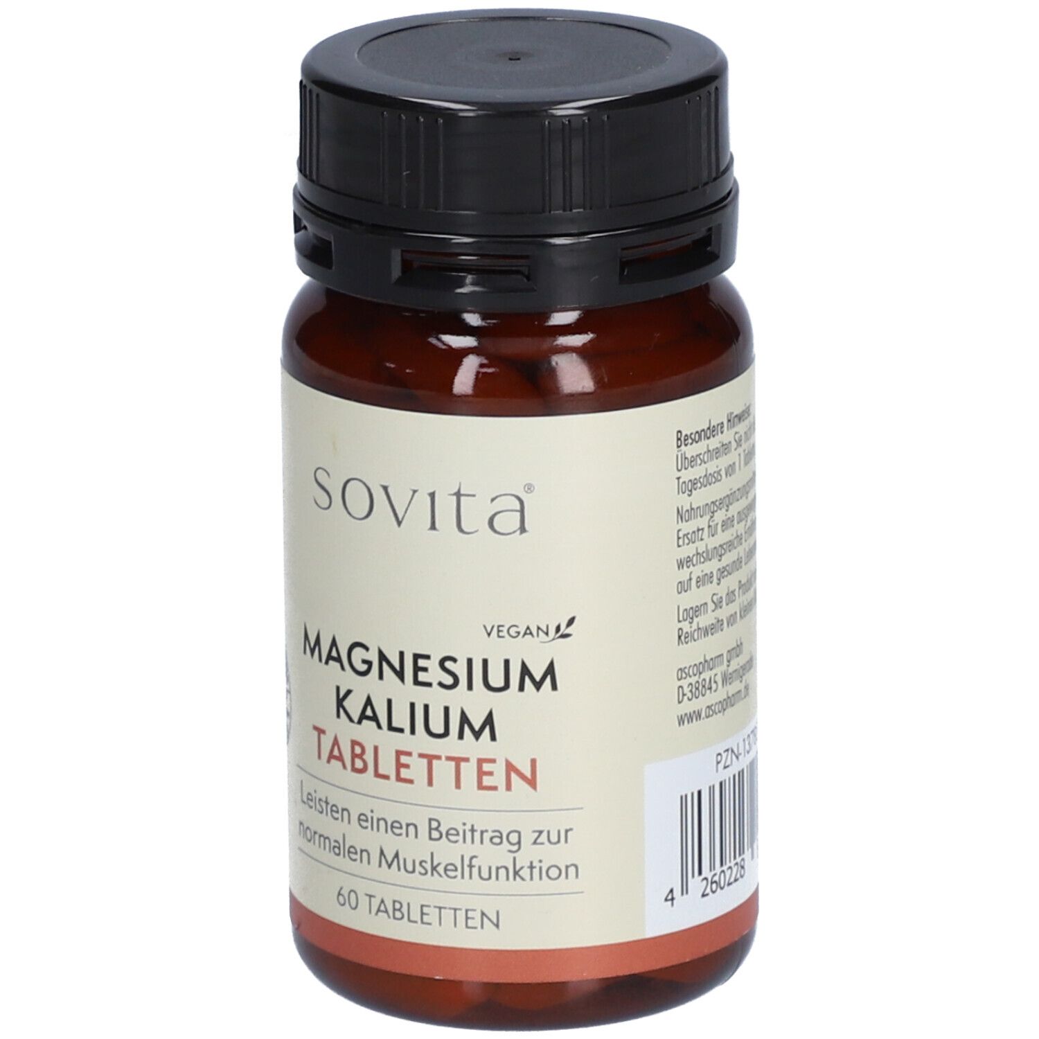 Braune Tablettenflasche mit schwarzem Deckel. Etikett mit "SoVita", "Magnesium Kalium Tabletten", "Vegan" und 60 Tabletten.