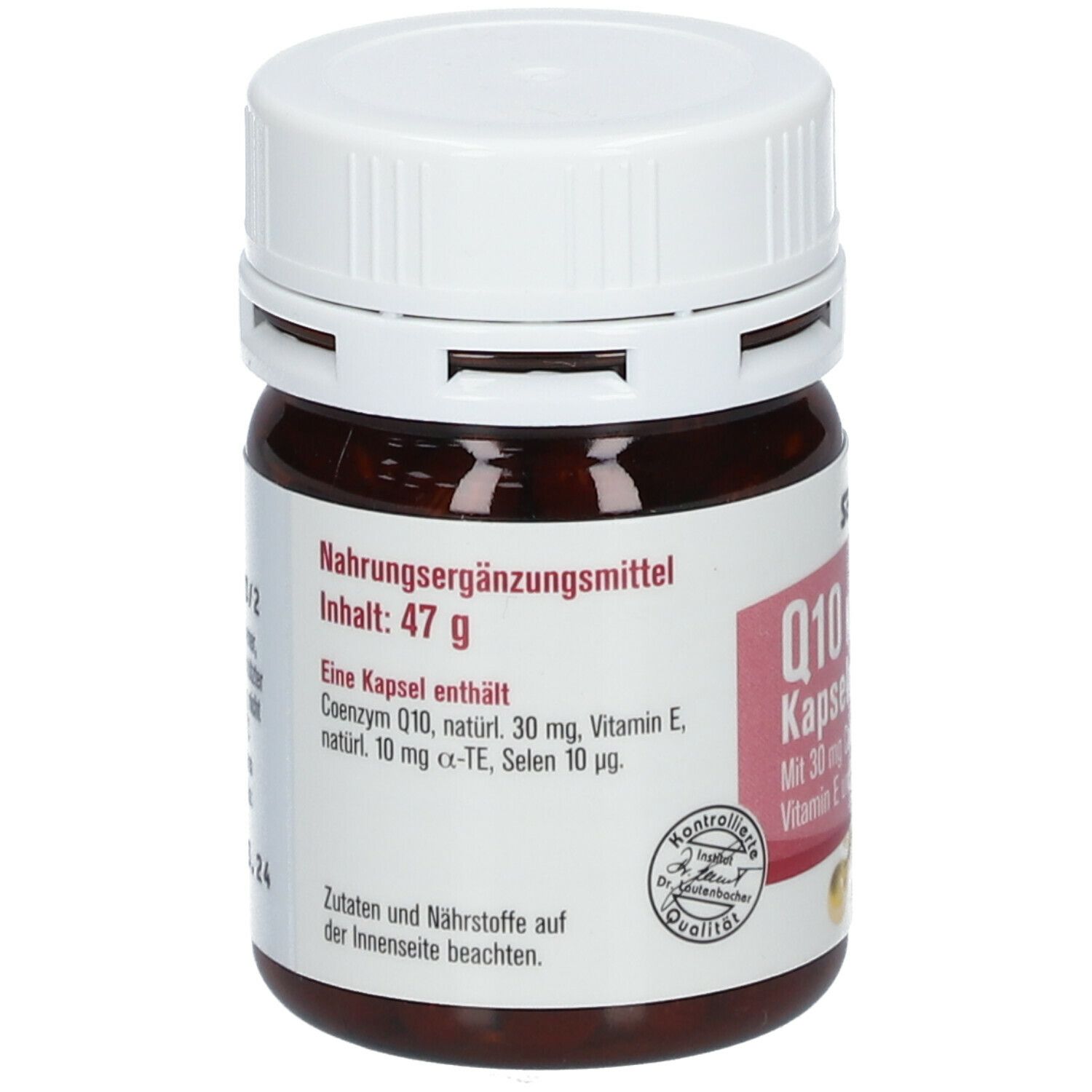 Braune Flasche mit weißem Deckel. Aufschrift: Nahrungsergänzungsmittel. Inhalt: 47 g. Eine Kapsel enthält Coenzym Q10, Vitamin E und Selen. Rückseite.