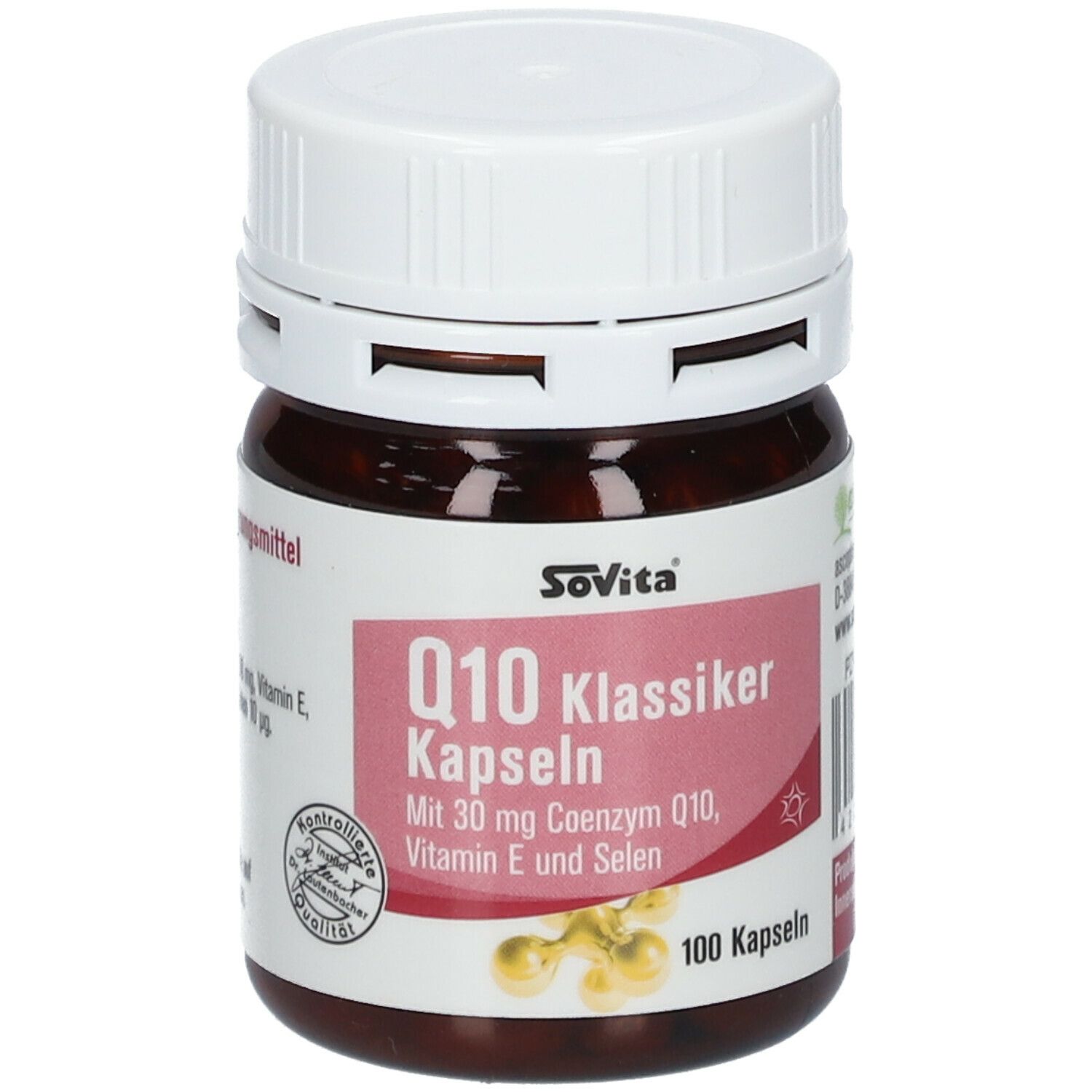 Braune Flasche mit weißem Deckel. Aufschrift: SoVita Q10 Klassiker Kapseln. Enthält Coenzym Q10, Vitamin E und Selen. 100 Kapseln. Vorderansicht.
