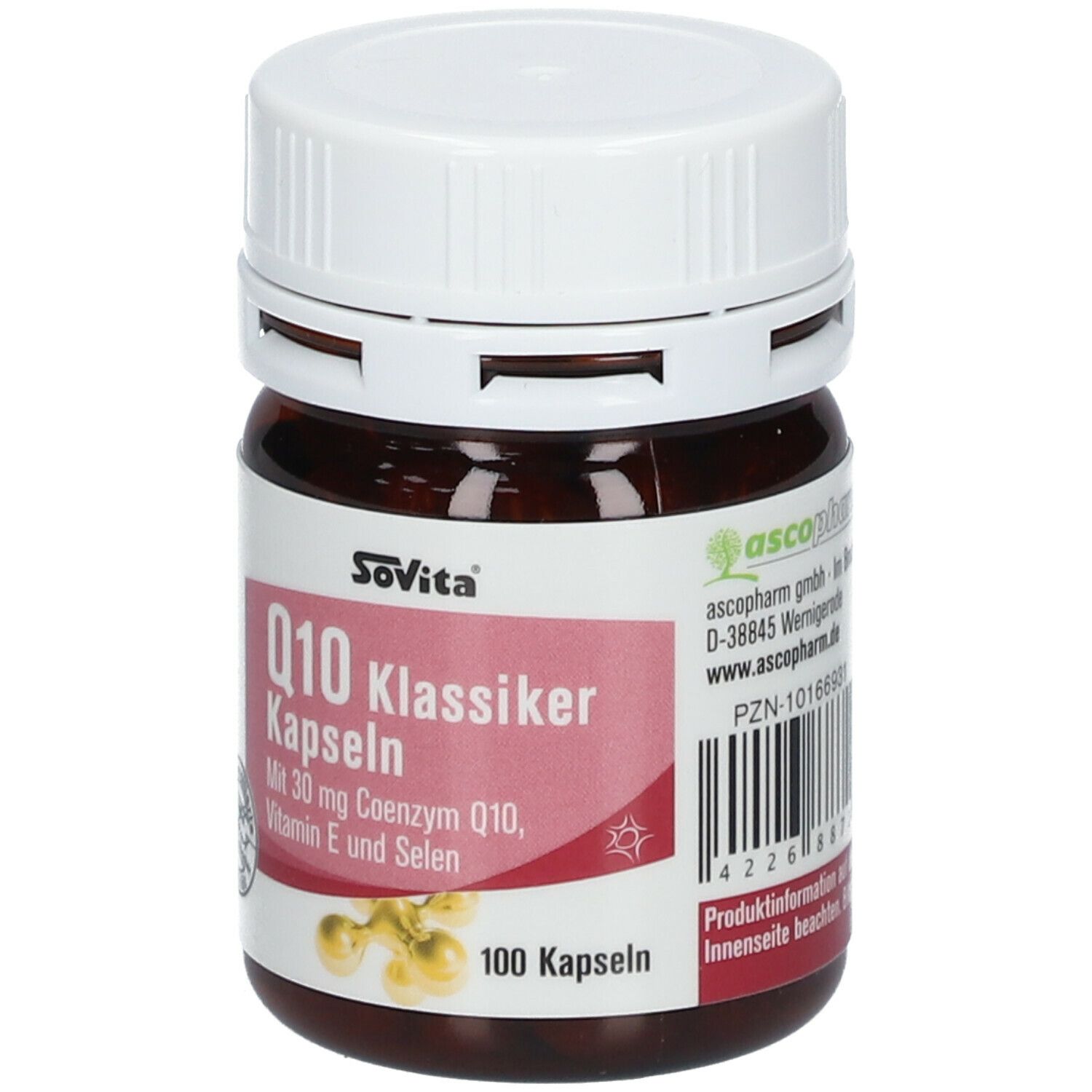 Braune Flasche mit weißem Deckel. Aufschrift: SoVita Q10 Klassiker Kapseln. Enthält Coenzym Q10, Vitamin E und Selen. 100 Kapseln. Herstellerinformationen.