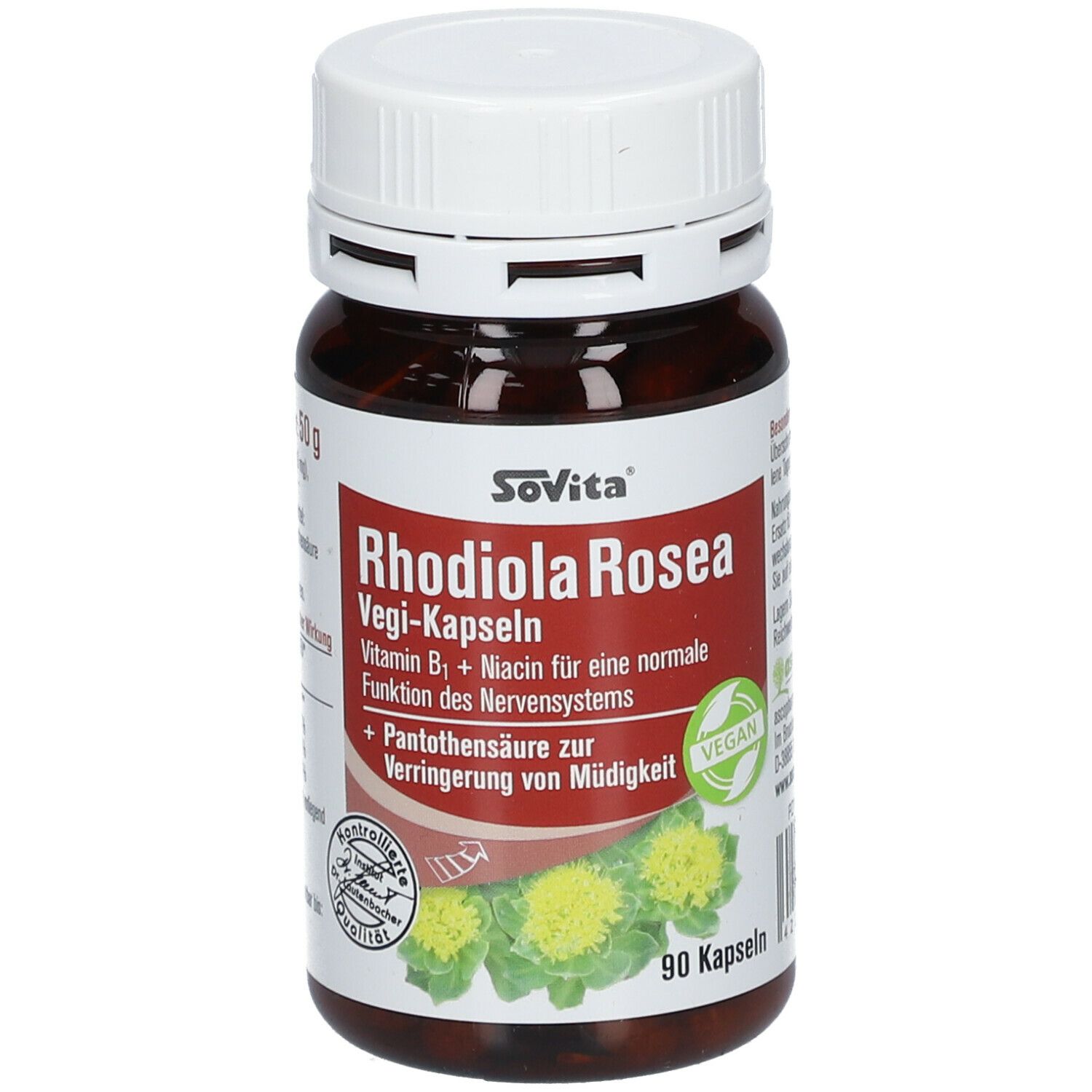 Braune SoVita®-Dose mit weißem Deckel. Aufschrift: Rhodiola Rosea Vegi-Kapseln. Enthält Vitamin B1 und Niacin. 90 Kapseln.