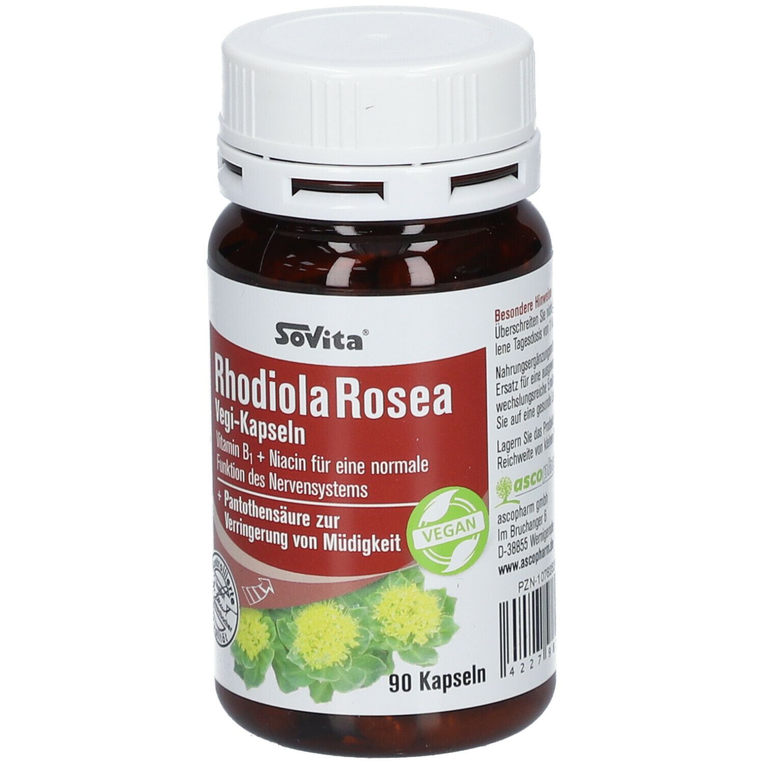 Braune SoVita®-Dose mit weißem Deckel. Aufschrift: Rhodiola Rosea Vegi-Kapseln. Enthält Vitamin B1 und Niacin. 90 Kapseln.