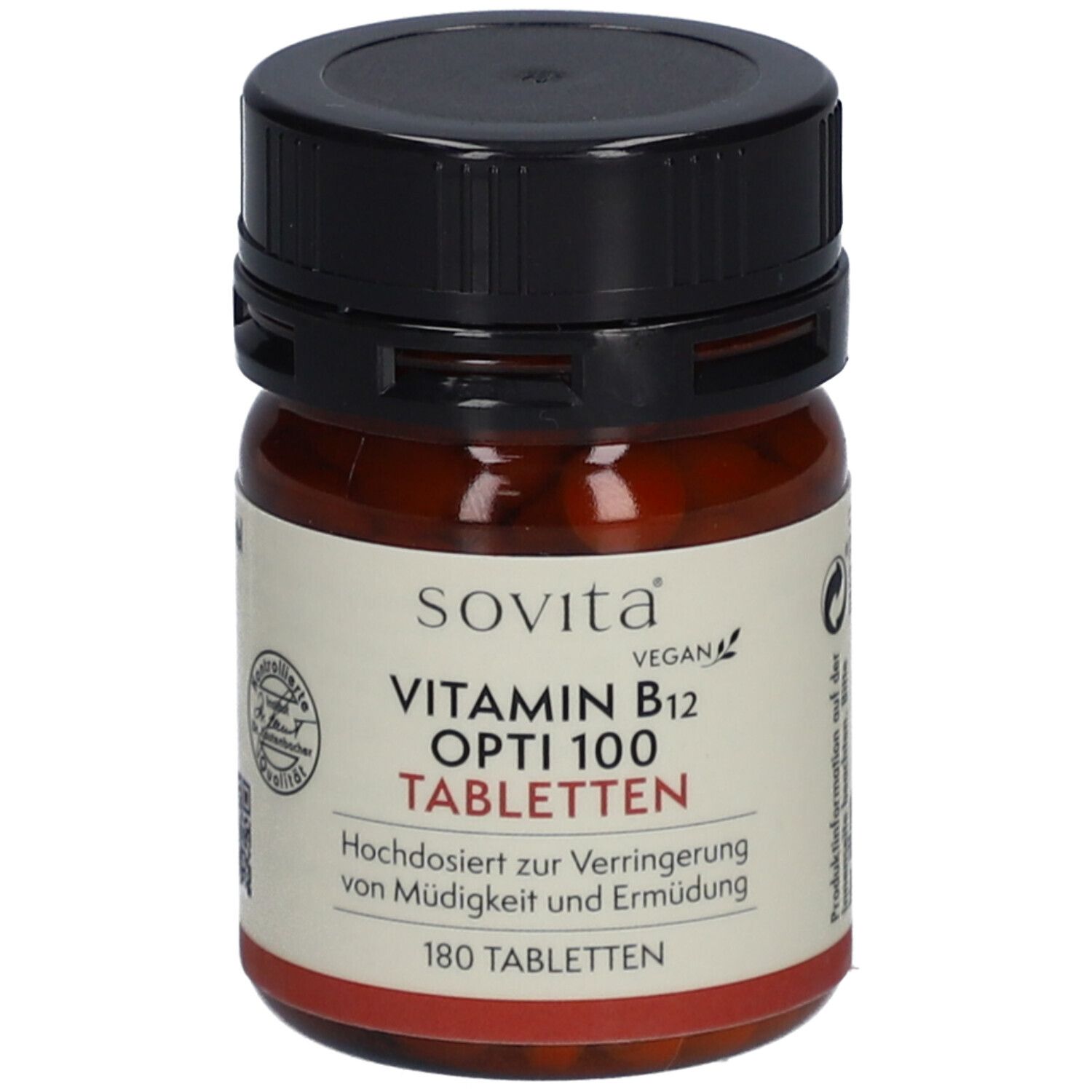 Flacon en verre brun avec bouchon noir. Inscription : SoVita Vitamine B12 Opti 100 comprimés. Vegan. 180 comprimés.