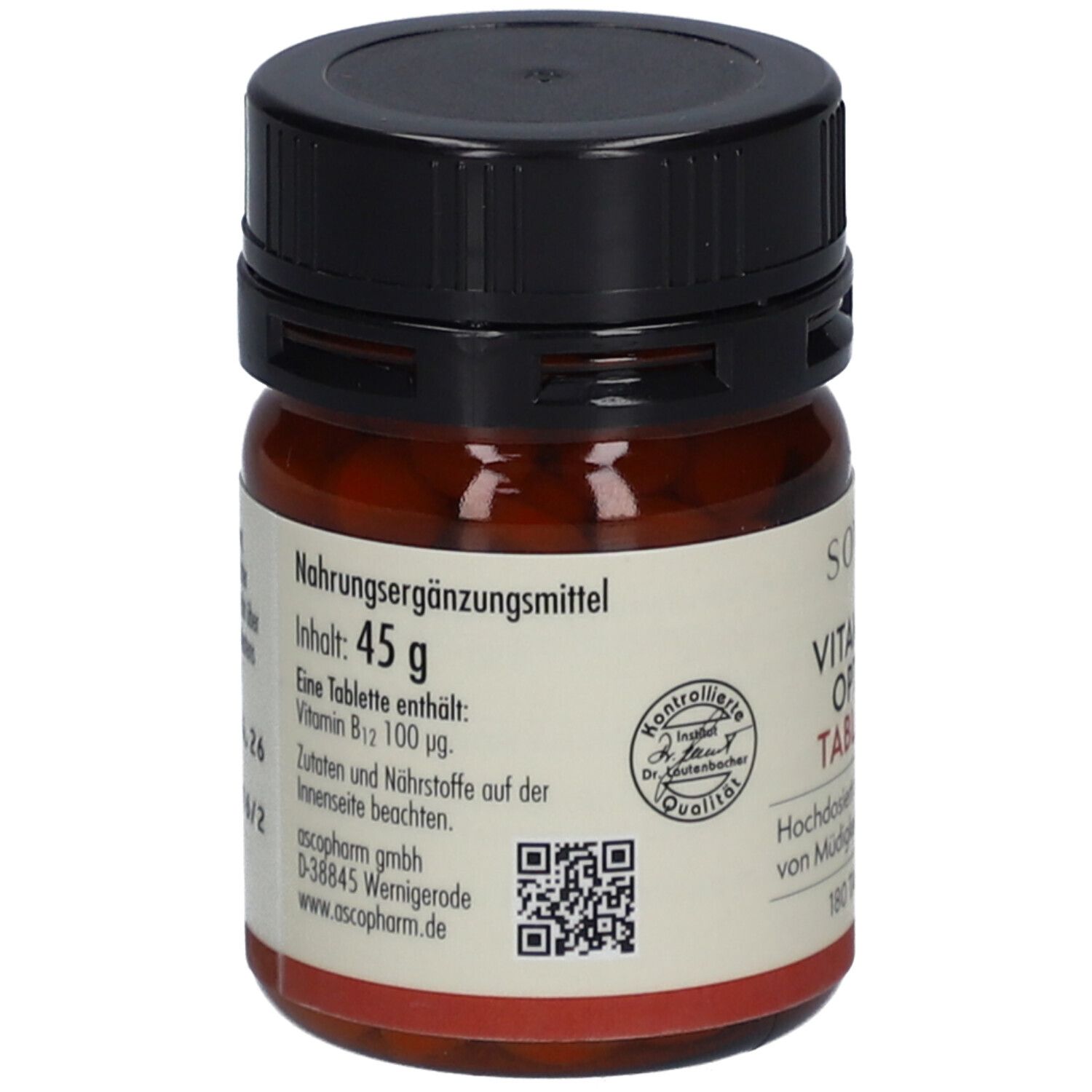 Dos du flacon en verre brun. Informations sur les ingrédients et les valeurs nutritionnelles. Code QR et label de qualité.