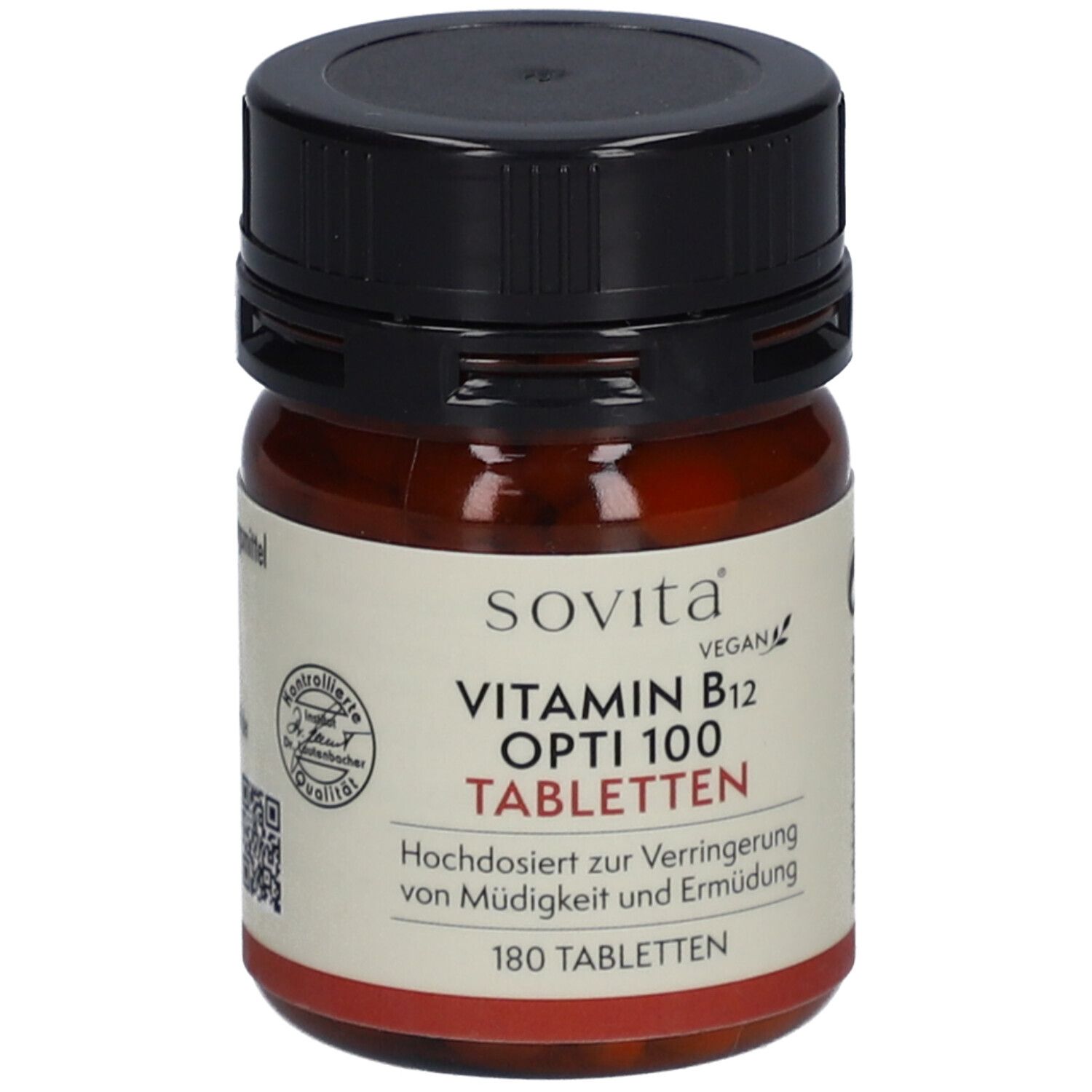 Flacon en verre brun avec bouchon noir. Inscription : SoVita Vitamine B12 Opti 100 comprimés. Vegan. 180 comprimés. Label de qualité.