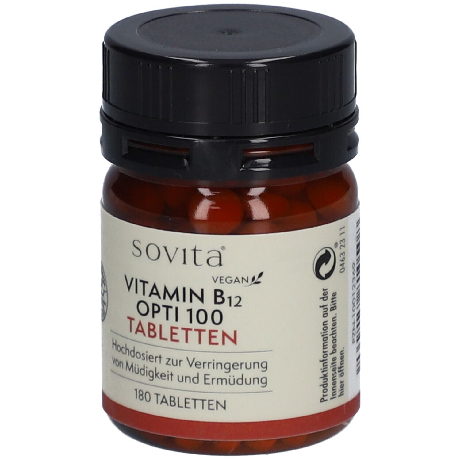 Flacon en verre brun avec bouchon noir. Inscription : SoVita Vitamine B12 Opti 100 comprimés. Vegan. 180 comprimés.