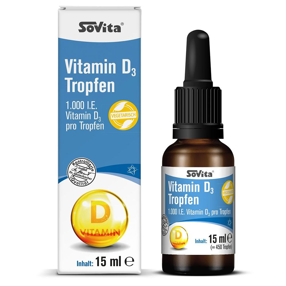 SoVita Vitamin D3 Tropfen. Braune Glasflasche mit schwarzem Tropfer. Aufschrift: 15 ml, 1.000 I.E. Vitamin D3.