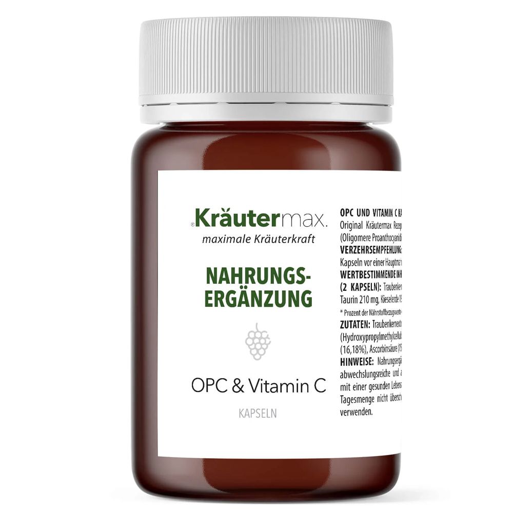 Braune Glasflasche mit weißem Deckel. Etikett mit Produktinformationen: Kräutermax OPC & Vitamin C Kapseln.