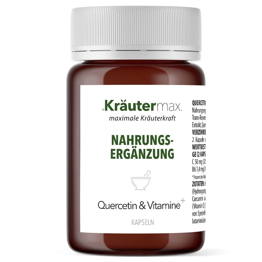 Braune Glasflasche mit weißen Kapseln. Aufkleber mit Produktinformationen: Kräutermax, Nahrungsergänzung, Quercetin & Vitamine+.