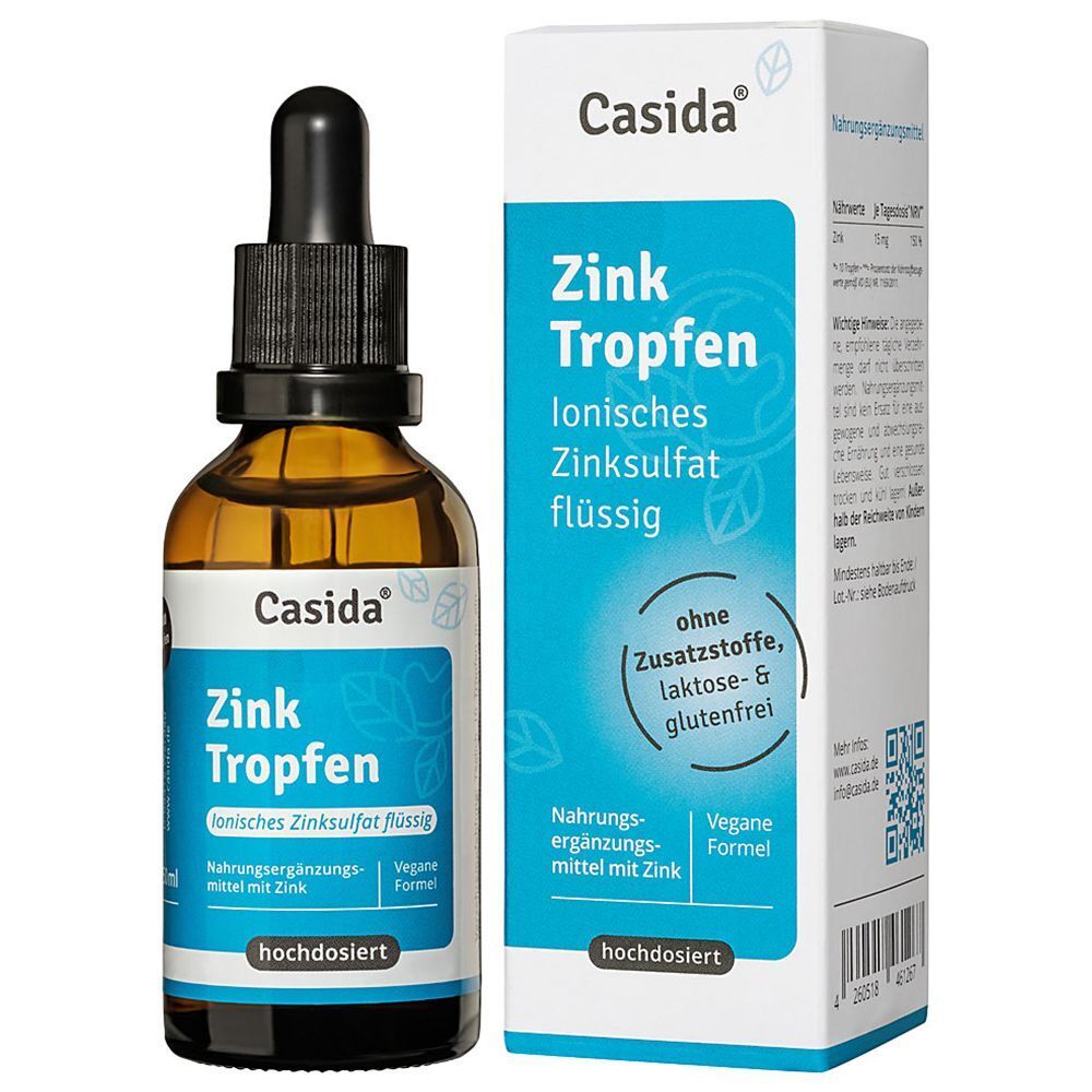 Braune Glasflasche mit Tropfer und blauer Etikett. Aufschrift: Zink Tropfen, ionisches Zinksulfat flüssig. Mit Umverpackung.