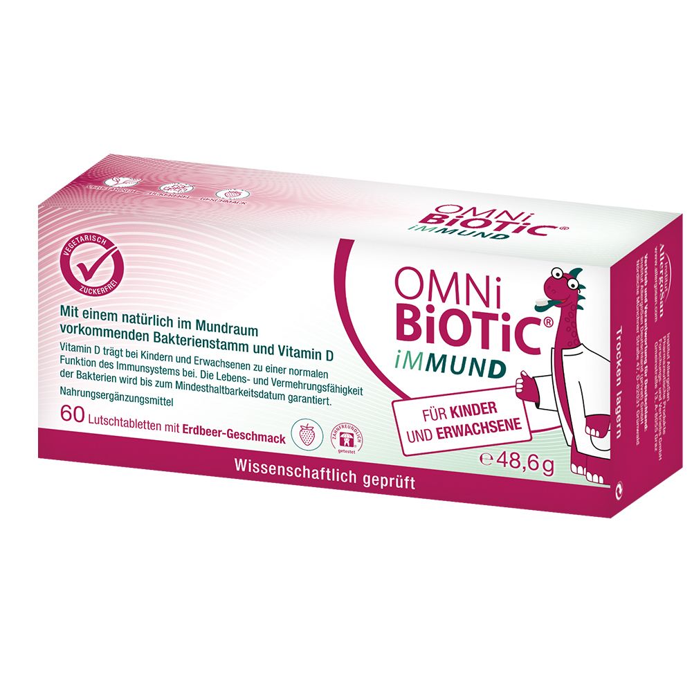 Karton mit OMNi-BiOTiC iMMUND. Weiß-rosa Verpackung mit Produktnamen, Illustration und Text. 60 Lutschtabletten mit Erdbeer-Geschmack.