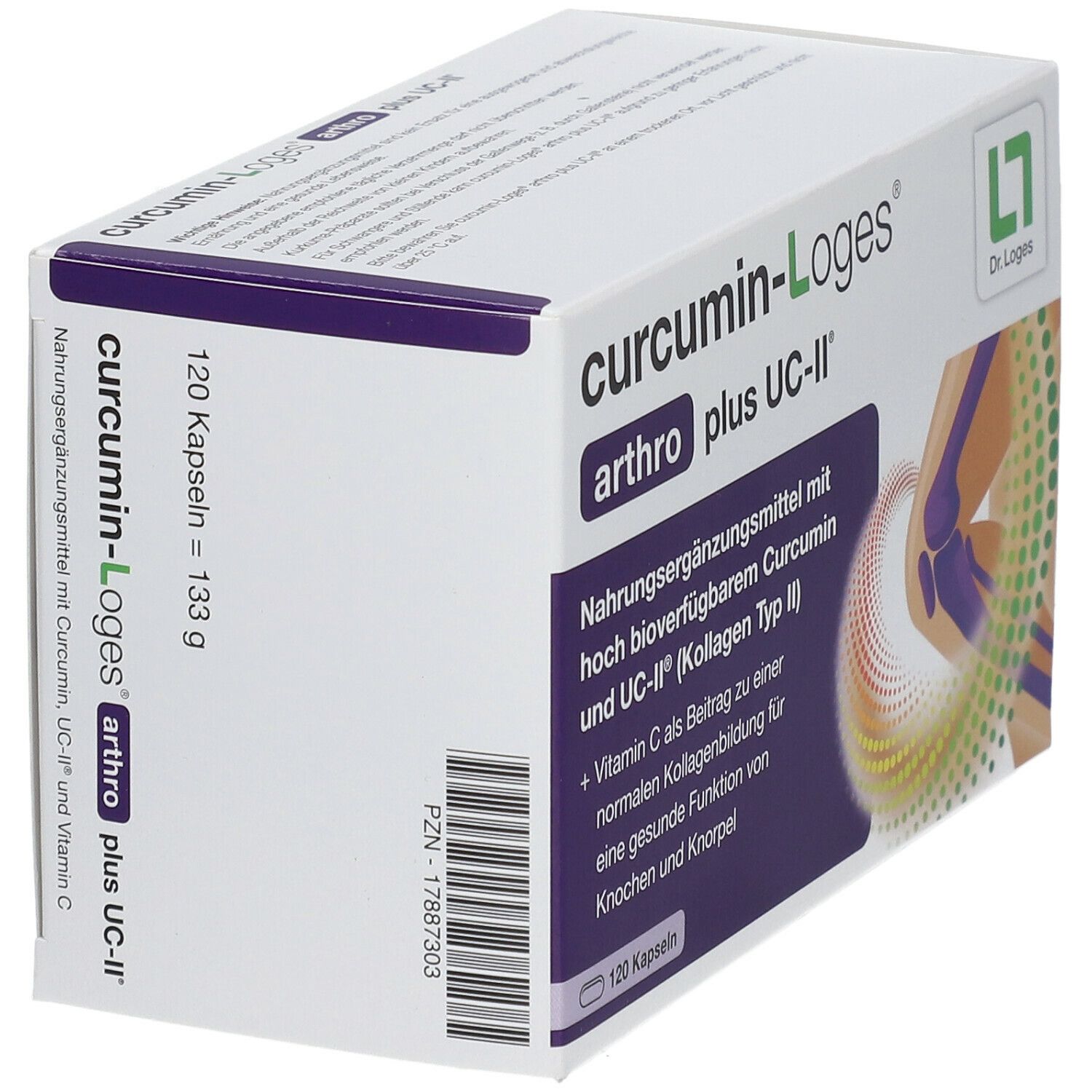 Weißer Karton mit Produktnamen curcumin-Loges arthro plus UC-II. 120 Kapseln. Aufdrucke und Logo.