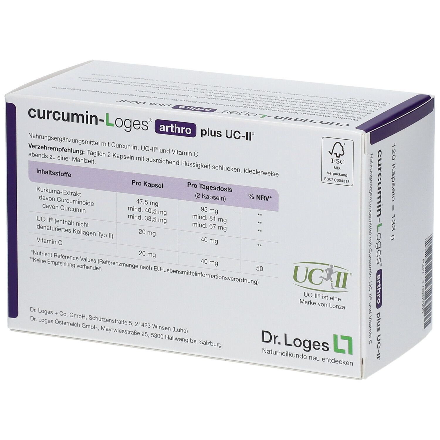 Weißer Karton mit Produktnamen curcumin-Loges arthro plus UC-II. Inhaltsstoffe und Nährwerttabelle.