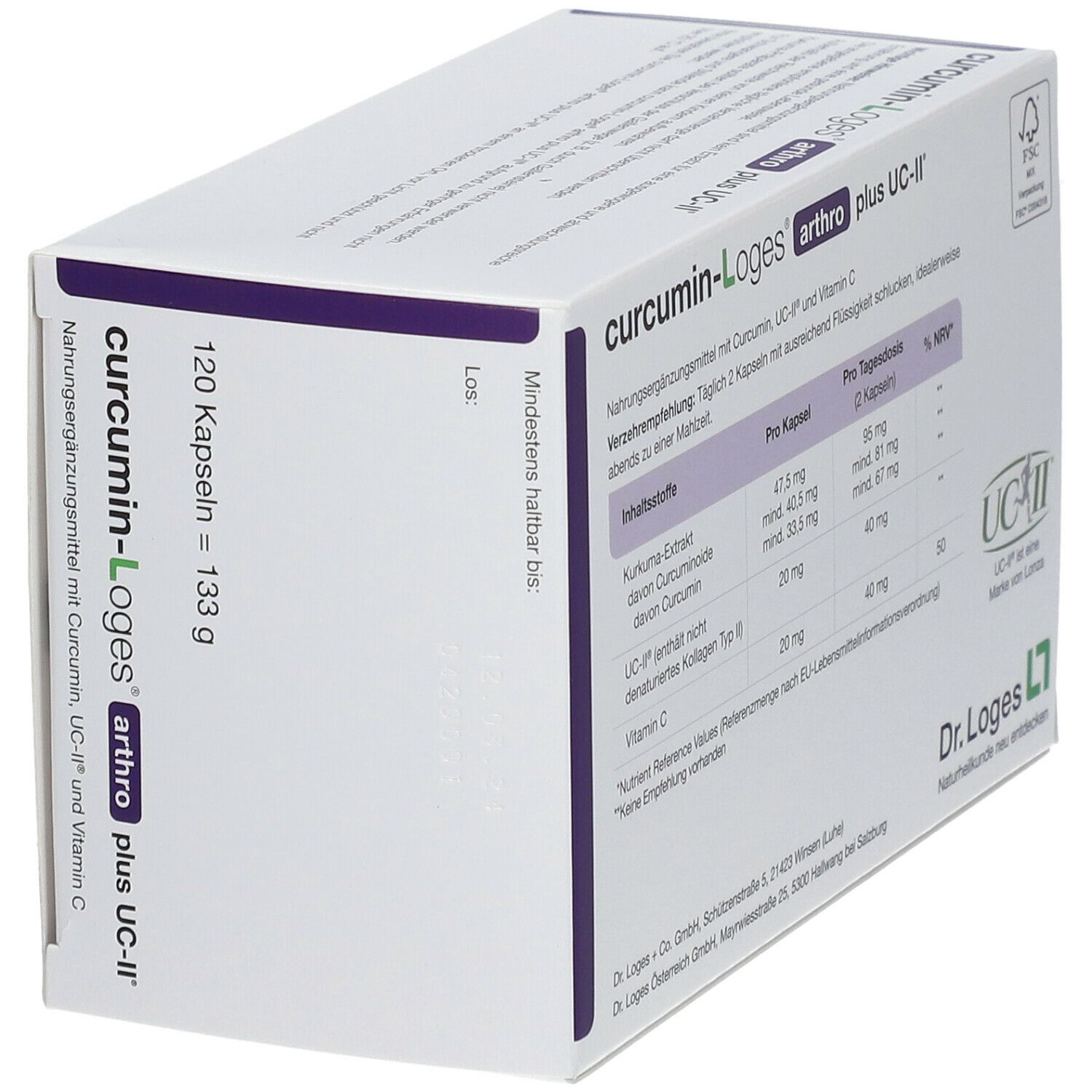 Weißer Karton mit Produktnamen curcumin-Loges arthro plus UC-II. Inhaltsstoffe und Nährwerttabelle.