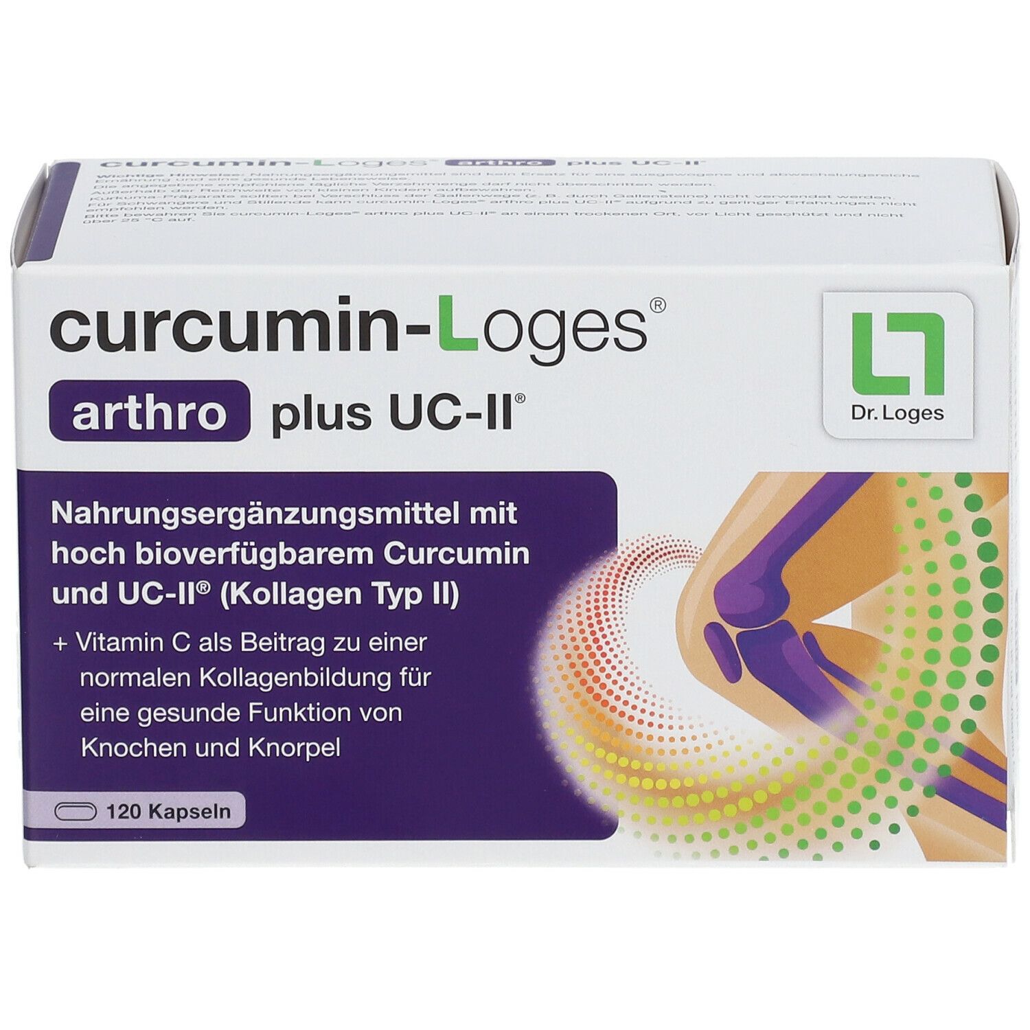 Weißer Karton mit Produktnamen curcumin-Loges arthro plus UC-II. 120 Kapseln. Illustration eines Knies.