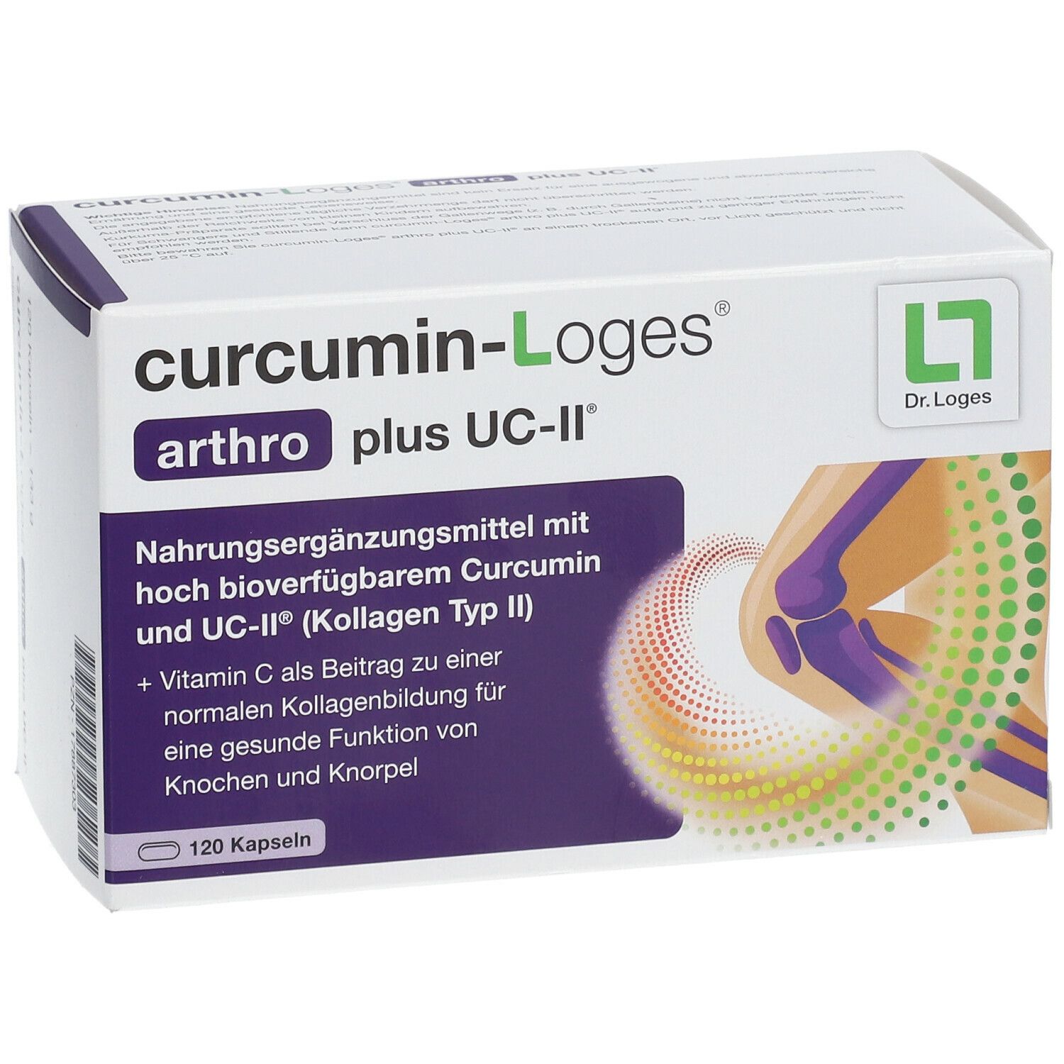 Weißer Karton mit Produktnamen curcumin-Loges arthro plus UC-II. 120 Kapseln. Illustration eines Knies.