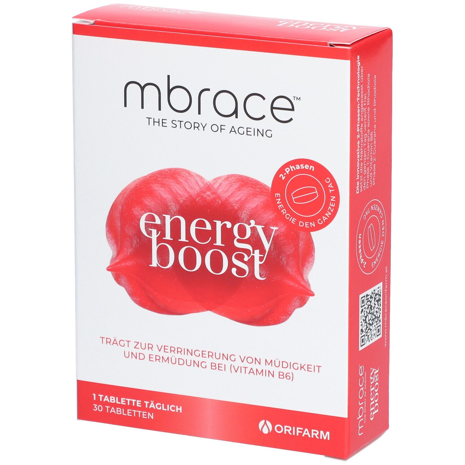 mbrace™ energy boost-Verpackung. Rote und weiße Schachtel mit Produktnamen und Logo. Enthält 30 Tabletten.