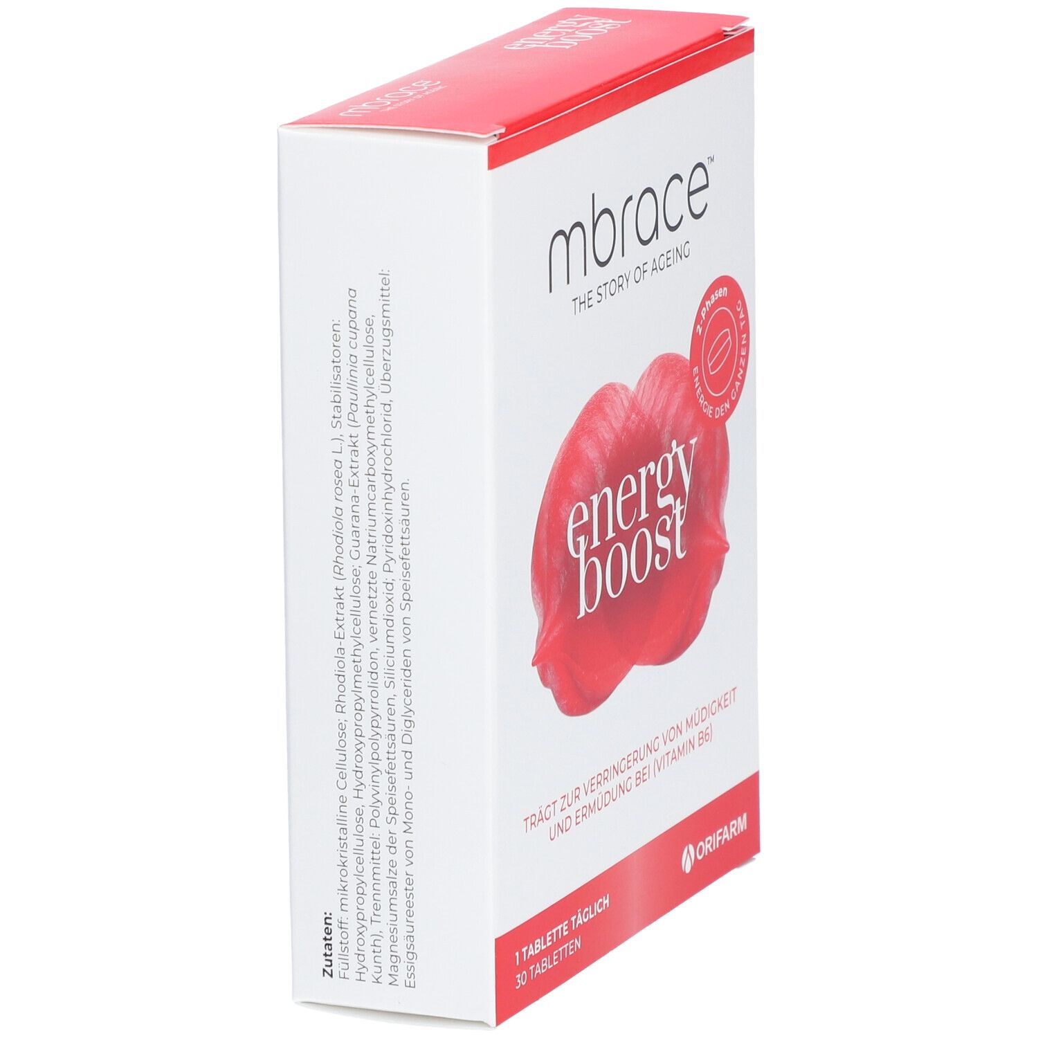 mbrace™ energy boost-Verpackung. Weiße Schachtel mit rotem Deckel. Enthält Produktinformationen und Inhaltsstoffe.