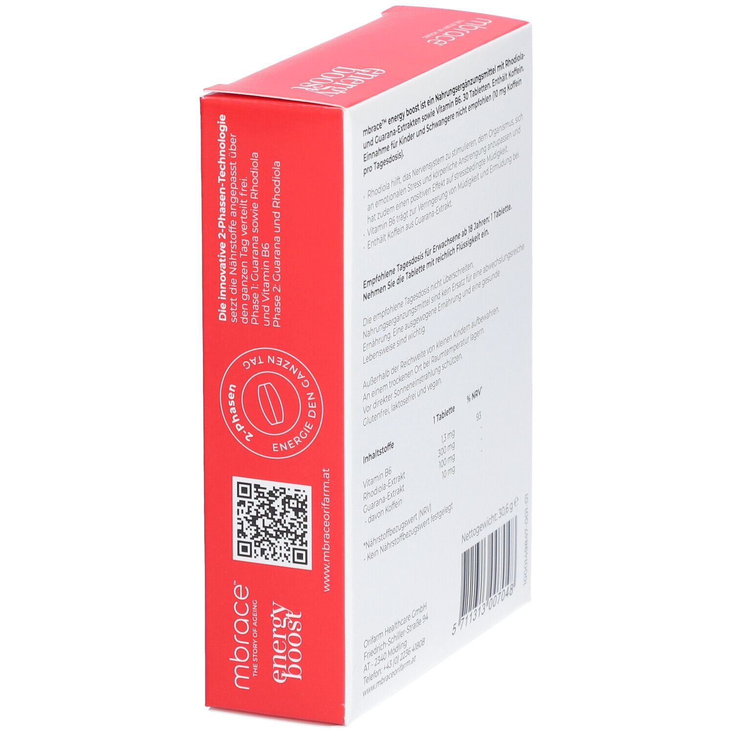 mbrace™ energy boost-Verpackung. Weiße Schachtel mit rotem Deckel. Enthält Produktinformationen und QR-Code.