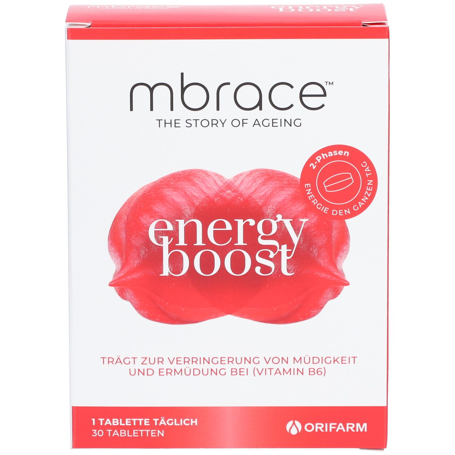 mbrace™ energy boost-Verpackung. Rote und weiße Schachtel mit Produktnamen und Logo. Enthält 30 Tabletten.
