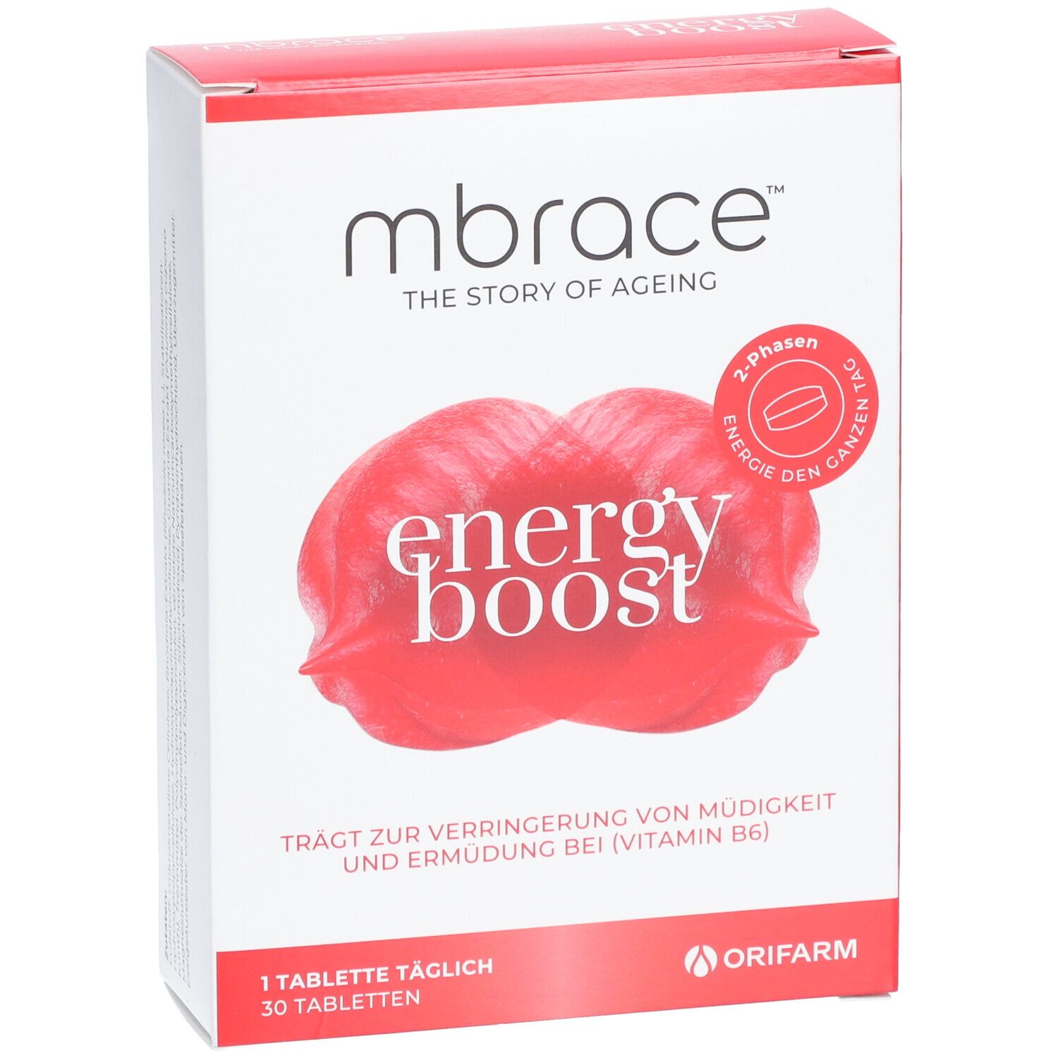 mbrace™ energy boost-Verpackung. Rote und weiße Schachtel mit Produktnamen und Logo. Enthält 30 Tabletten.