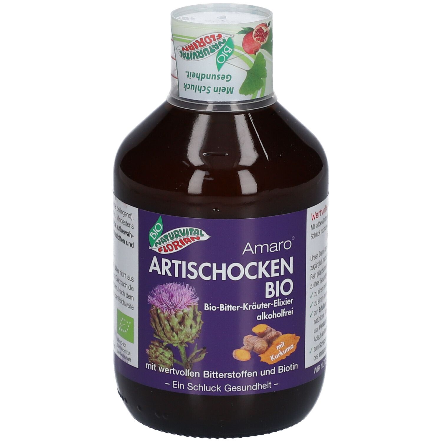 Braune Flasche mit Etikett. Artischocken-Elixier, Bio-Bitter-Kräuter-Elixier, alkoholfrei. Mit Artischocke und Kurkuma.
