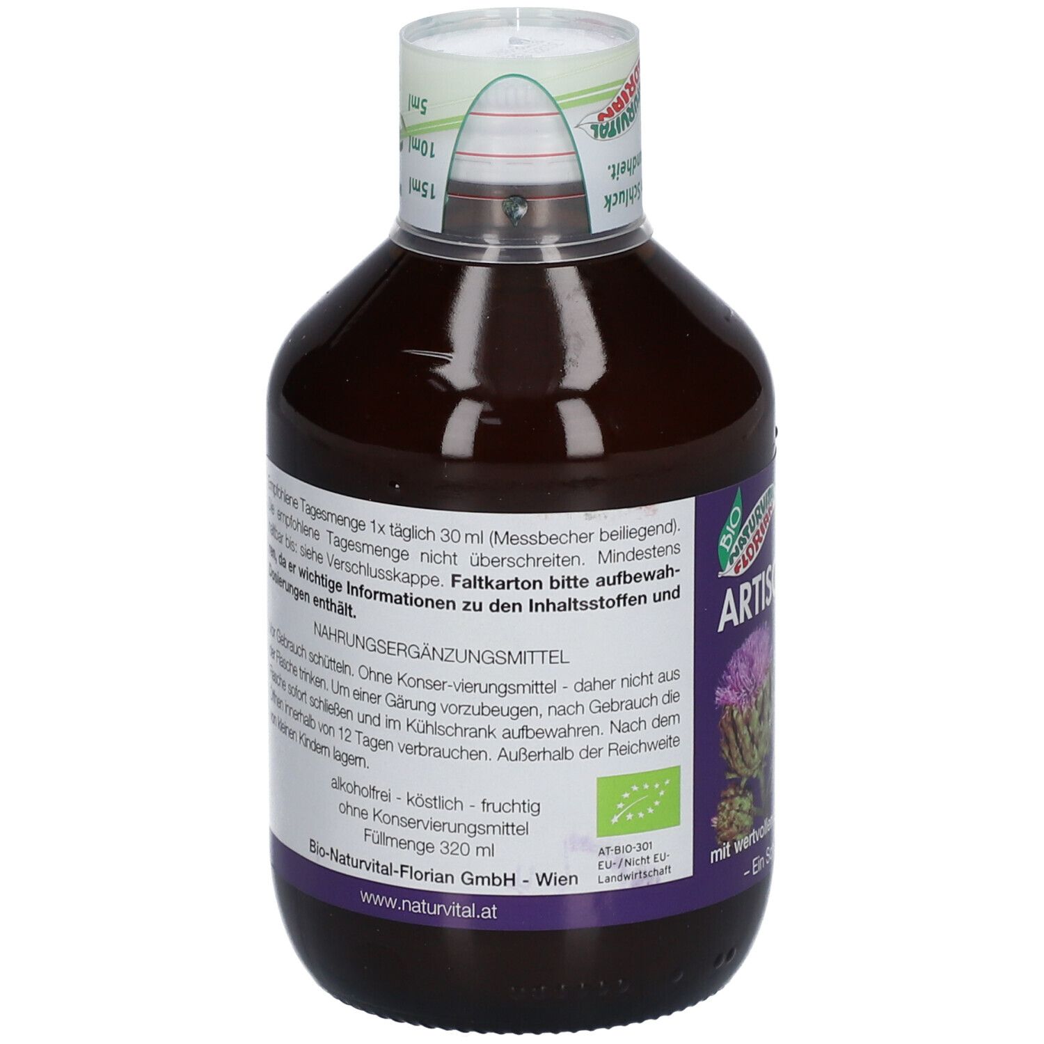 Rückseite der Flasche. Text über Inhaltsstoffe, Dosierung und Nährwertangaben. Bio-Siegel. Flascheninhalt 320 ml.
