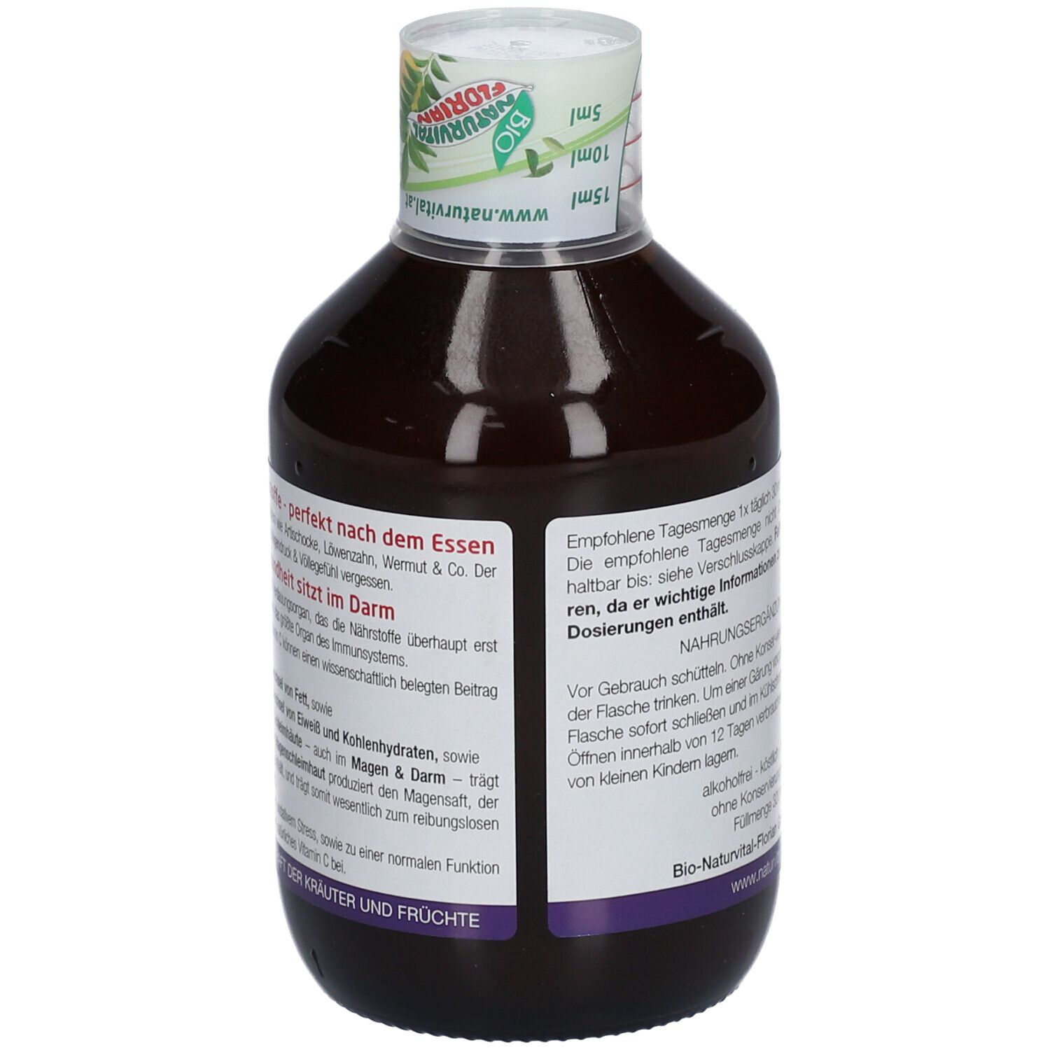 Rückseite der Flasche. Text über die Wirkung des Produkts. Bio-Siegel. Flascheninhalt 320 ml.