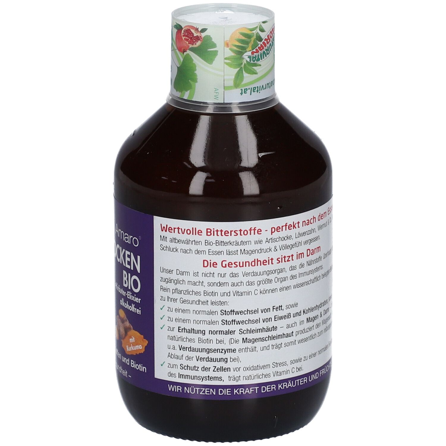 Rückseite der Flasche. Text über die Wirkung des Produkts. Bio-Siegel. Flascheninhalt 320 ml.