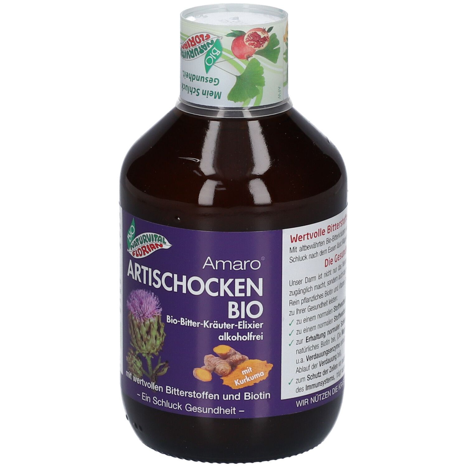 Braune Flasche mit Etikett. Artischocken-Elixier, Bio-Bitter-Kräuter-Elixier, alkoholfrei. Mit Artischocke und Kurkuma.