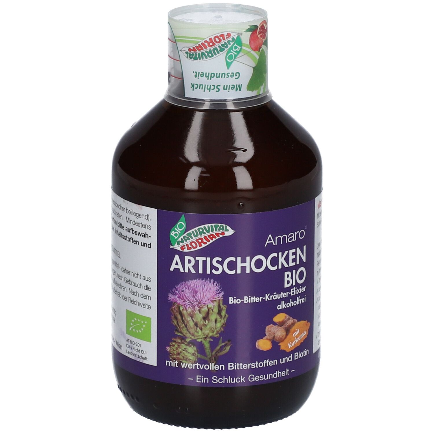 Braune Flasche mit Etikett. Artischocken-Elixier, Bio-Bitter-Kräuter-Elixier, alkoholfrei. Mit Artischocke und Kurkuma.