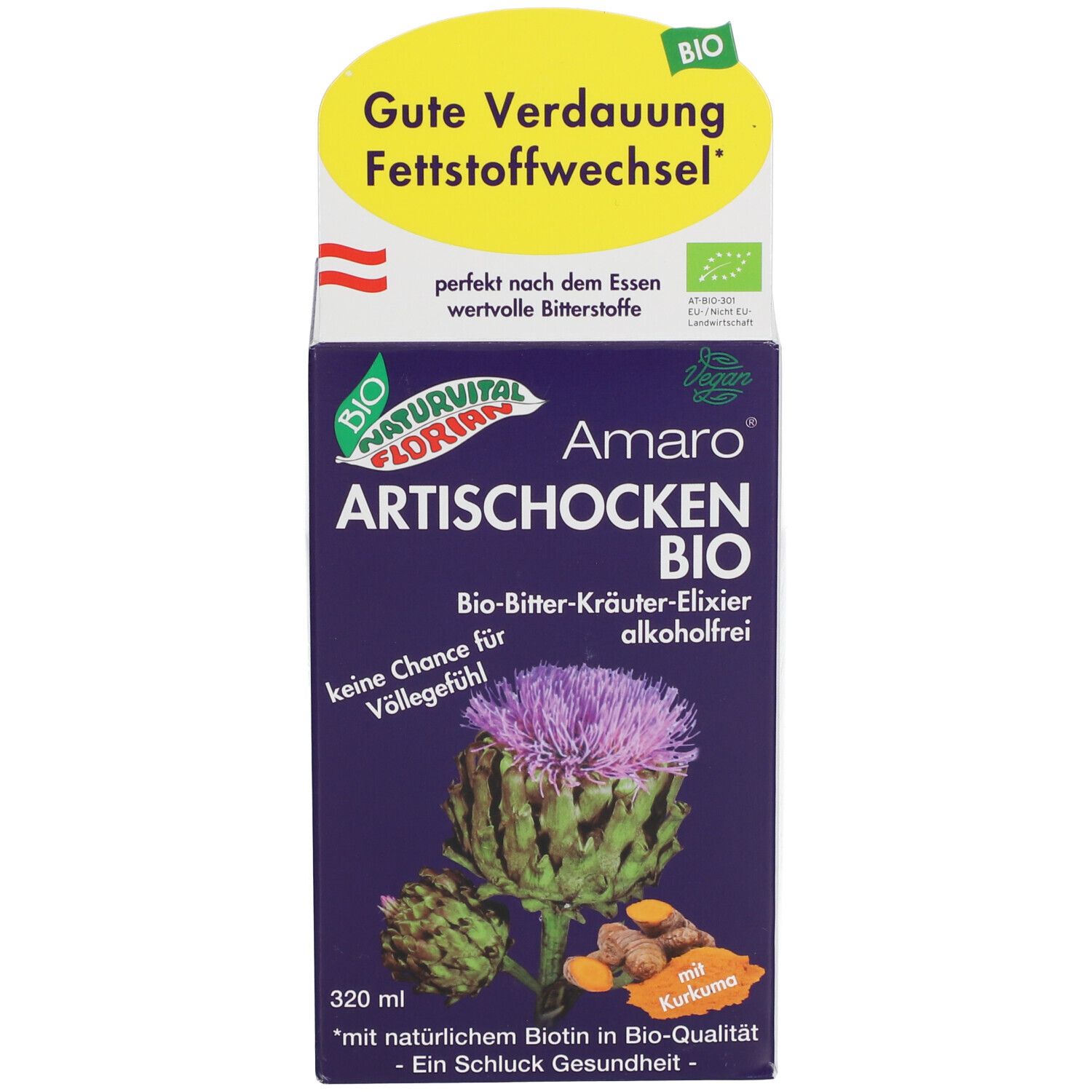 Produktverpackung. Artischocken-Elixier, Bio-Bitter-Kräuter-Elixier, alkoholfrei. Mit Artischocke und Kurkuma. 320 ml.