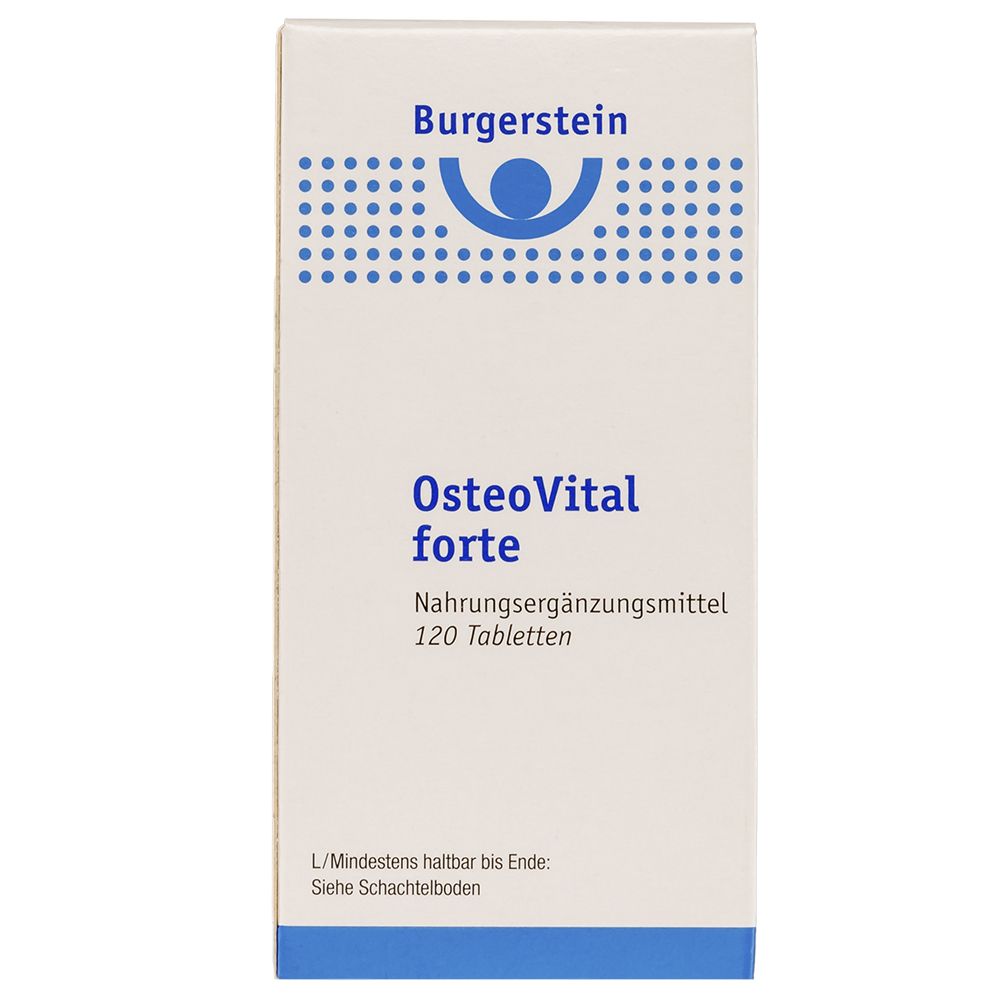 Weiße Schachtel mit Burgerstein Logo und Aufschrift OsteoVital forte. Enthält 120 Tabletten. Text: Nahrungsergänzungsmittel.