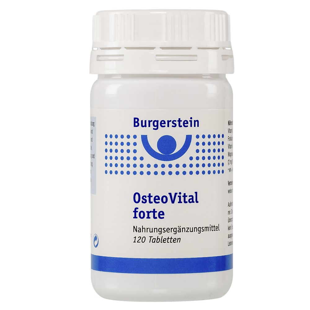 Weiße Flasche mit Burgerstein Logo und Aufschrift OsteoVital forte. Enthält 120 Tabletten. Text: Nahrungsergänzungsmittel.
