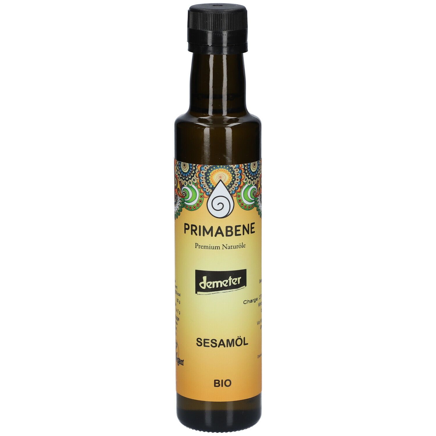 Bouteille en verre brun avec bouchon noir. Étiquette avec "PRIMABENE Sesamöl BIO" et logo Demeter.