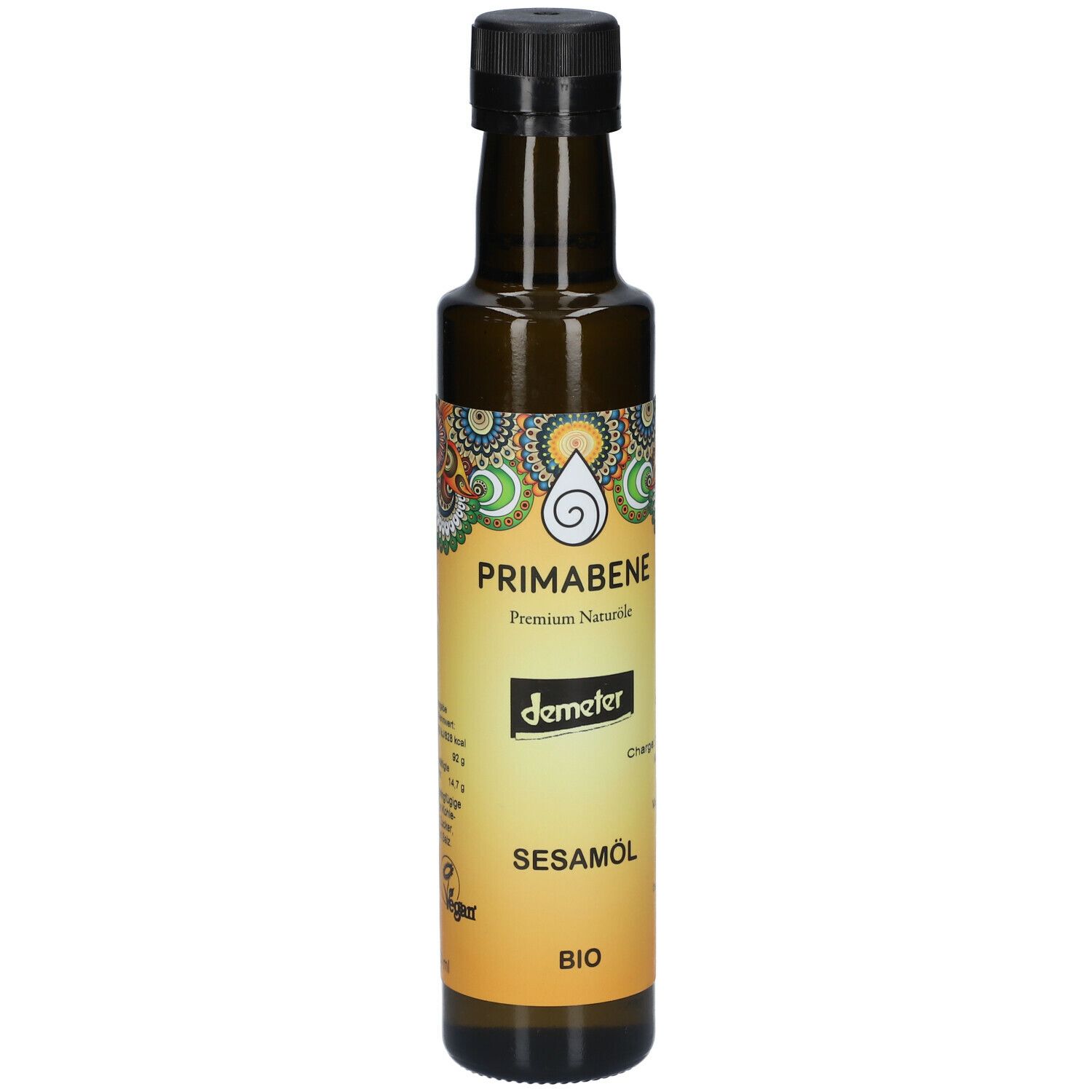 Bouteille en verre brun avec bouchon noir. Étiquette avec "PRIMABENE Sesamöl BIO" et logo Demeter.