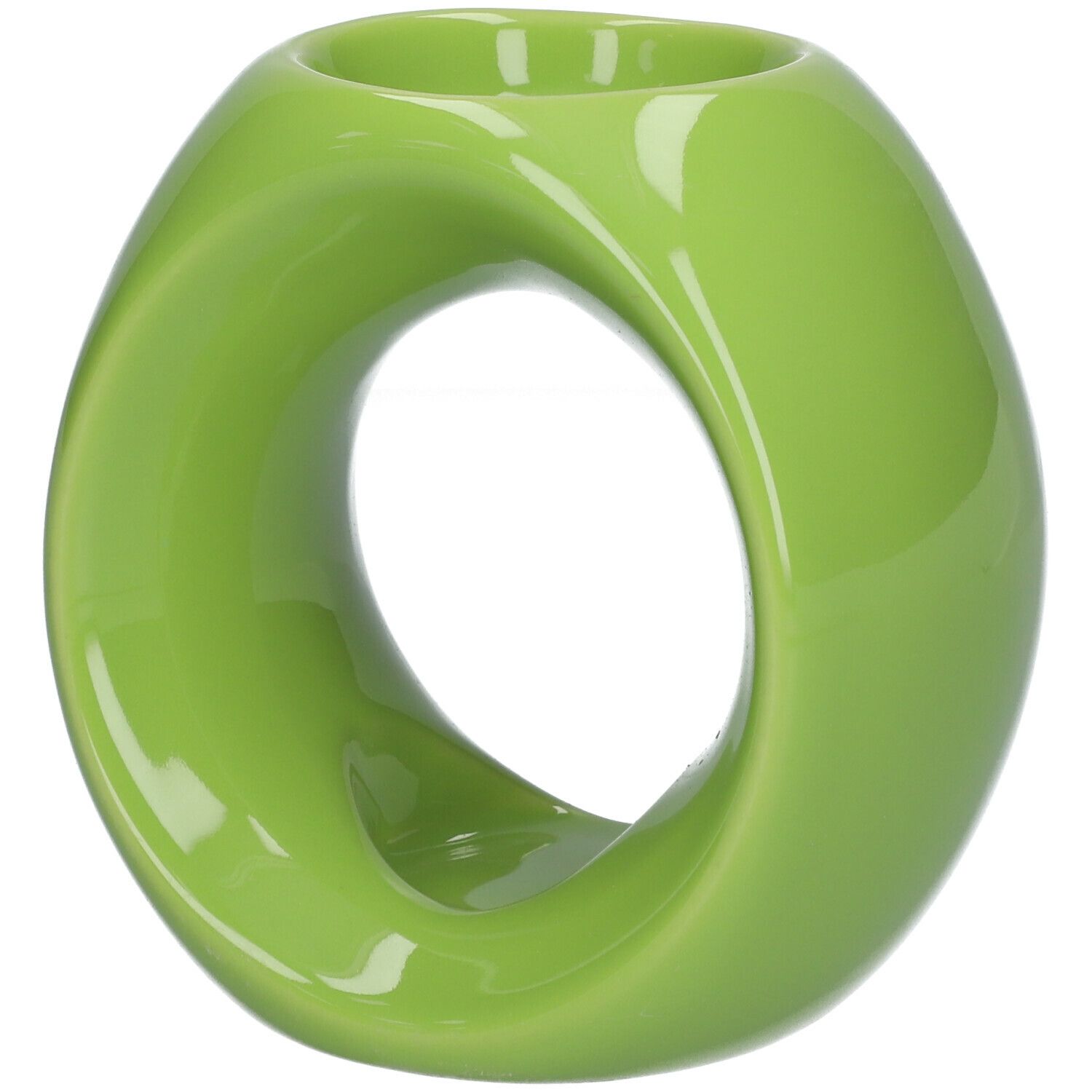 Grüne Aroma-Duftlampe, ringförmig mit Öffnung. Glänzende Oberfläche. Keramik.