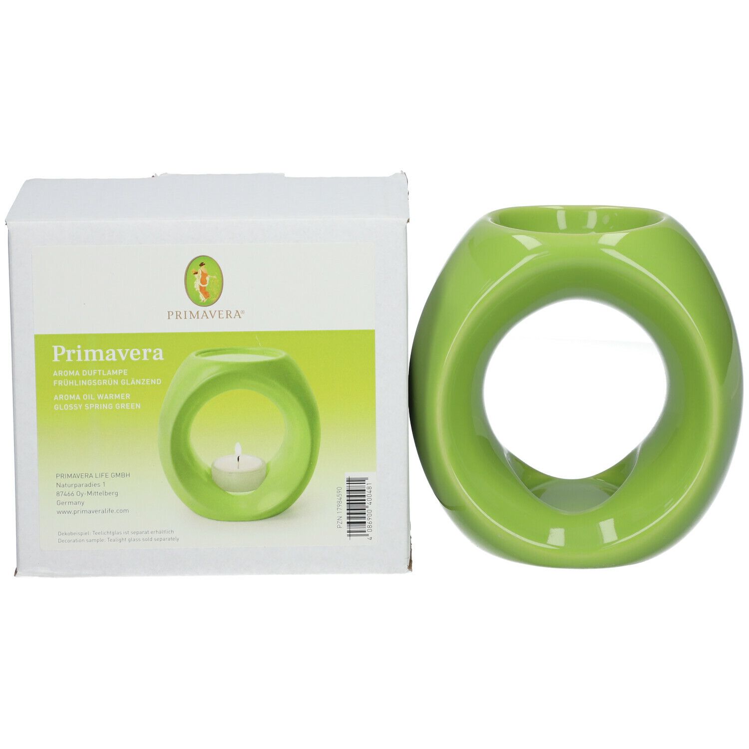 Produktverpackung mit grüner Aroma-Duftlampe. Weißer Karton mit Produktabbildung und Text.